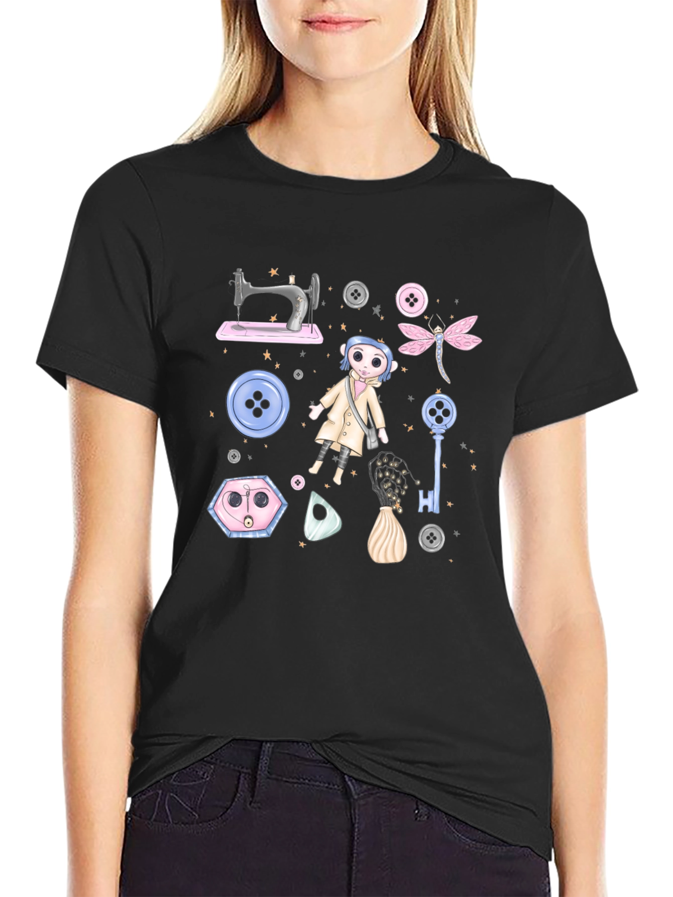 Black Novelty Coraline-Themed Graphic Tee view 2