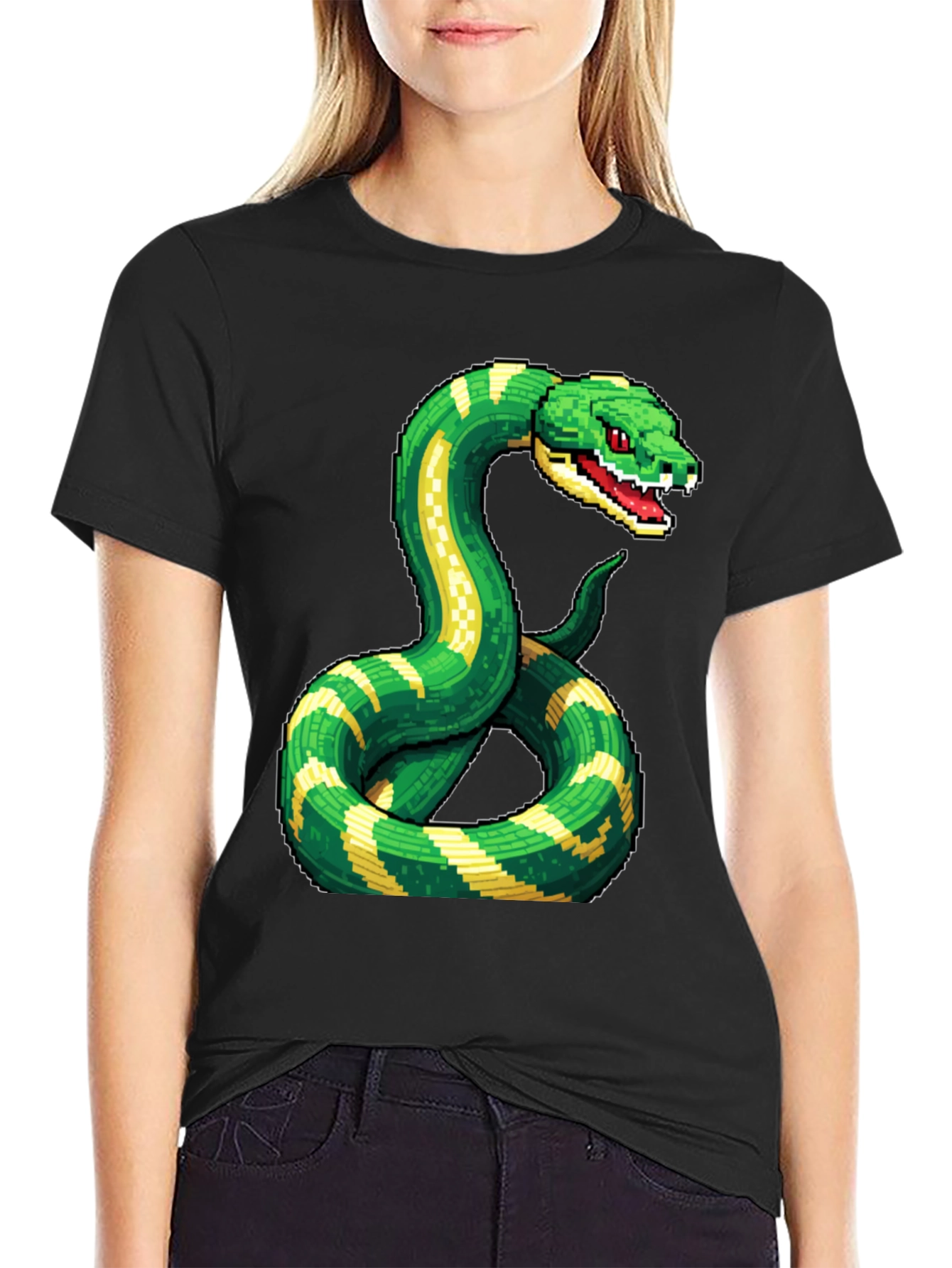Black Pixelated Snake Graphic Tee - Gamer Style view 2