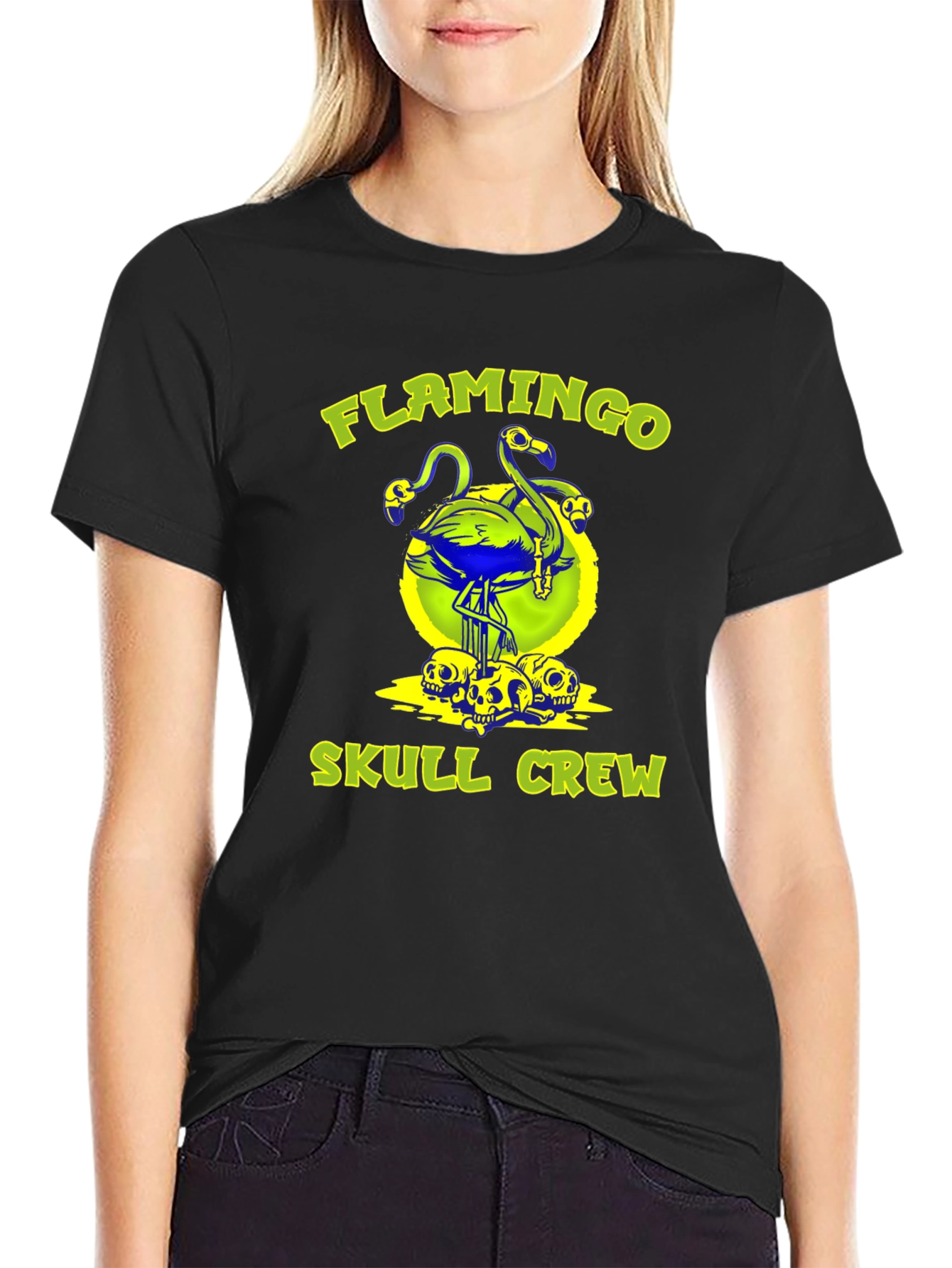 Black Flamingo Skull Crew Graphic Tee - Bold & Unique! view 2
