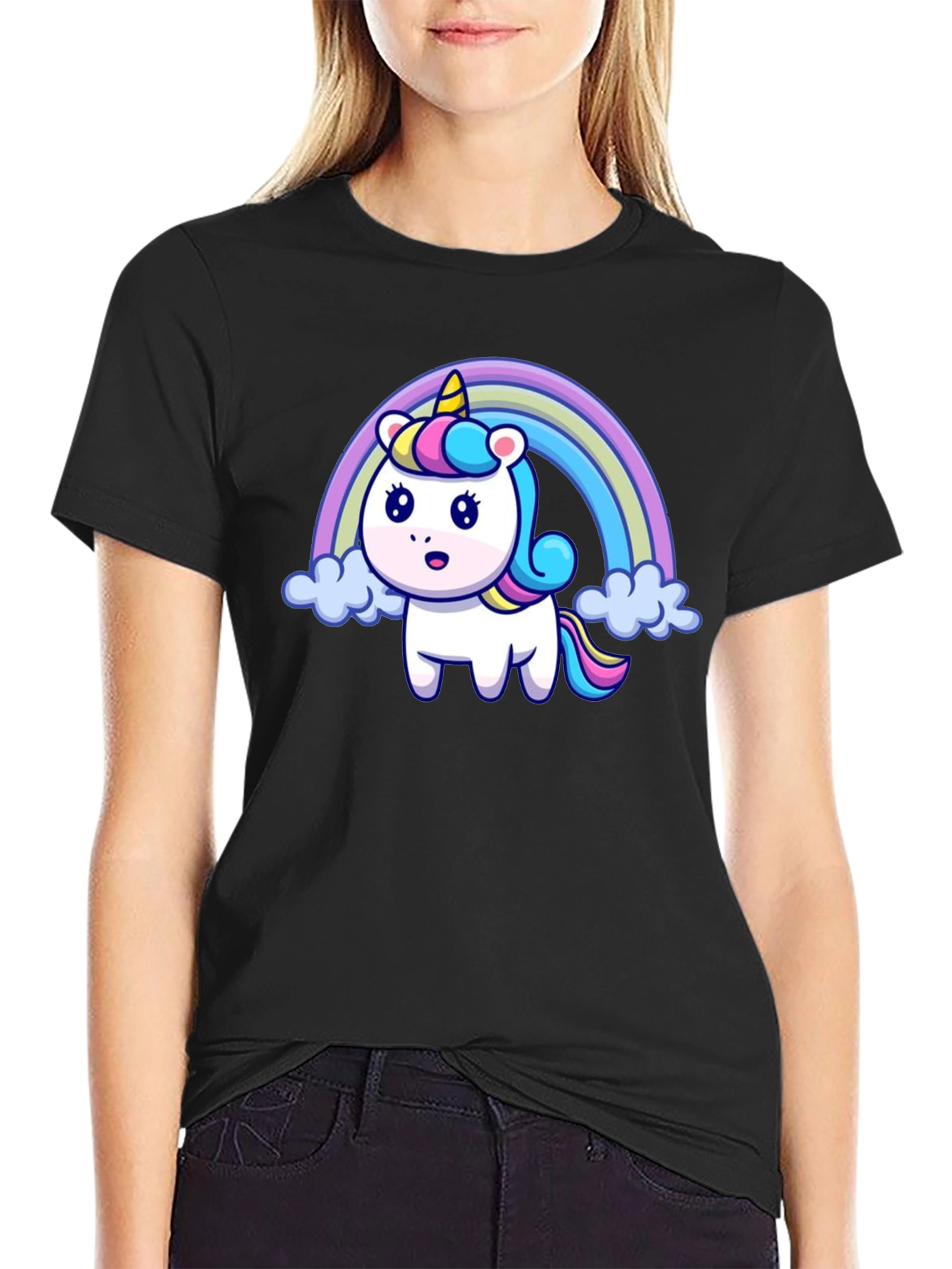 Black Rainbow Unicorn Graphic T-Shirt view 2