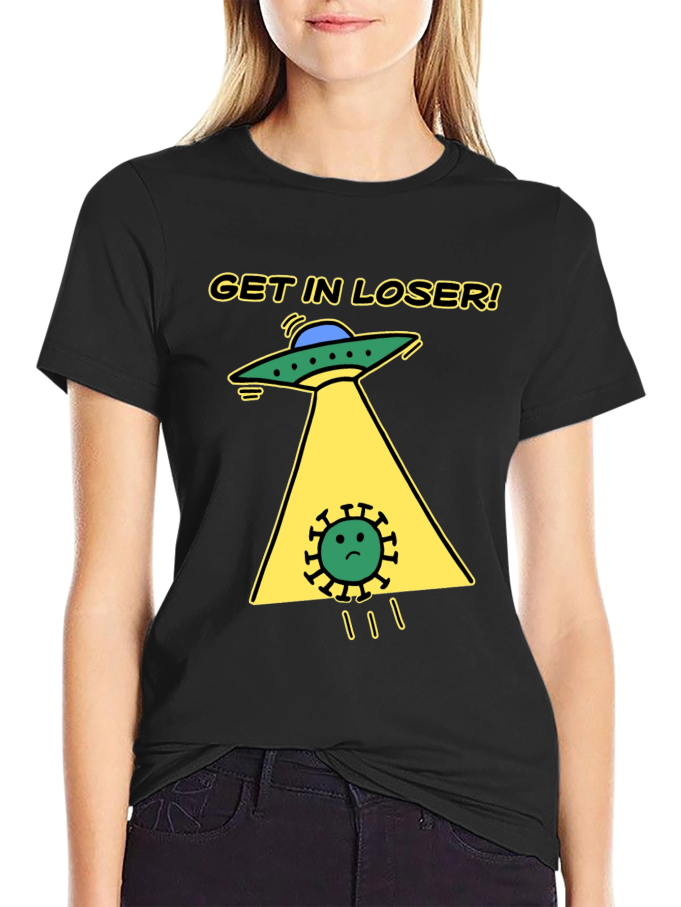 Black Get in Loser! Funny Alien Abduction T-Shirt view 2