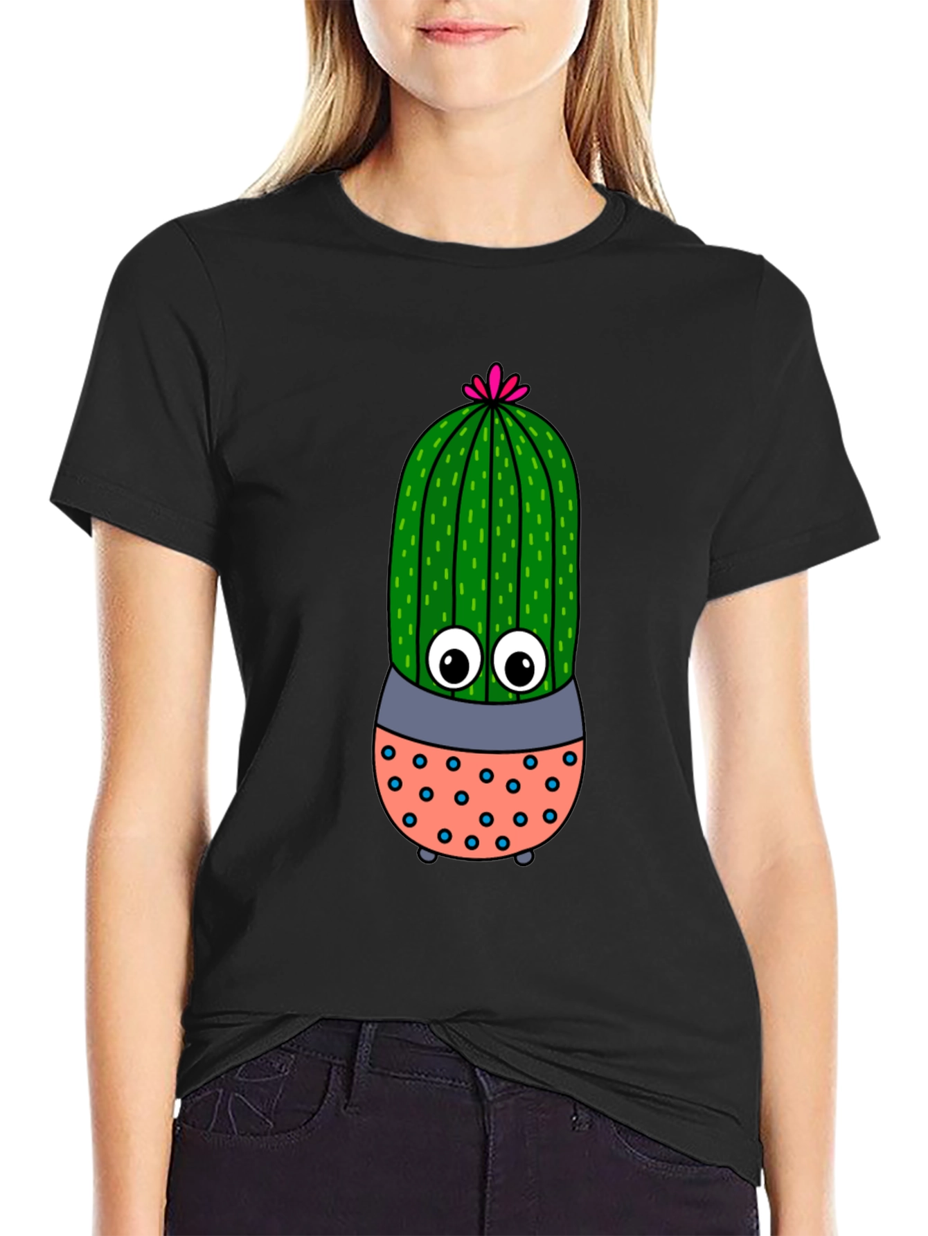 Black Cute Cartoon Cactus Black T-Shirt view 2