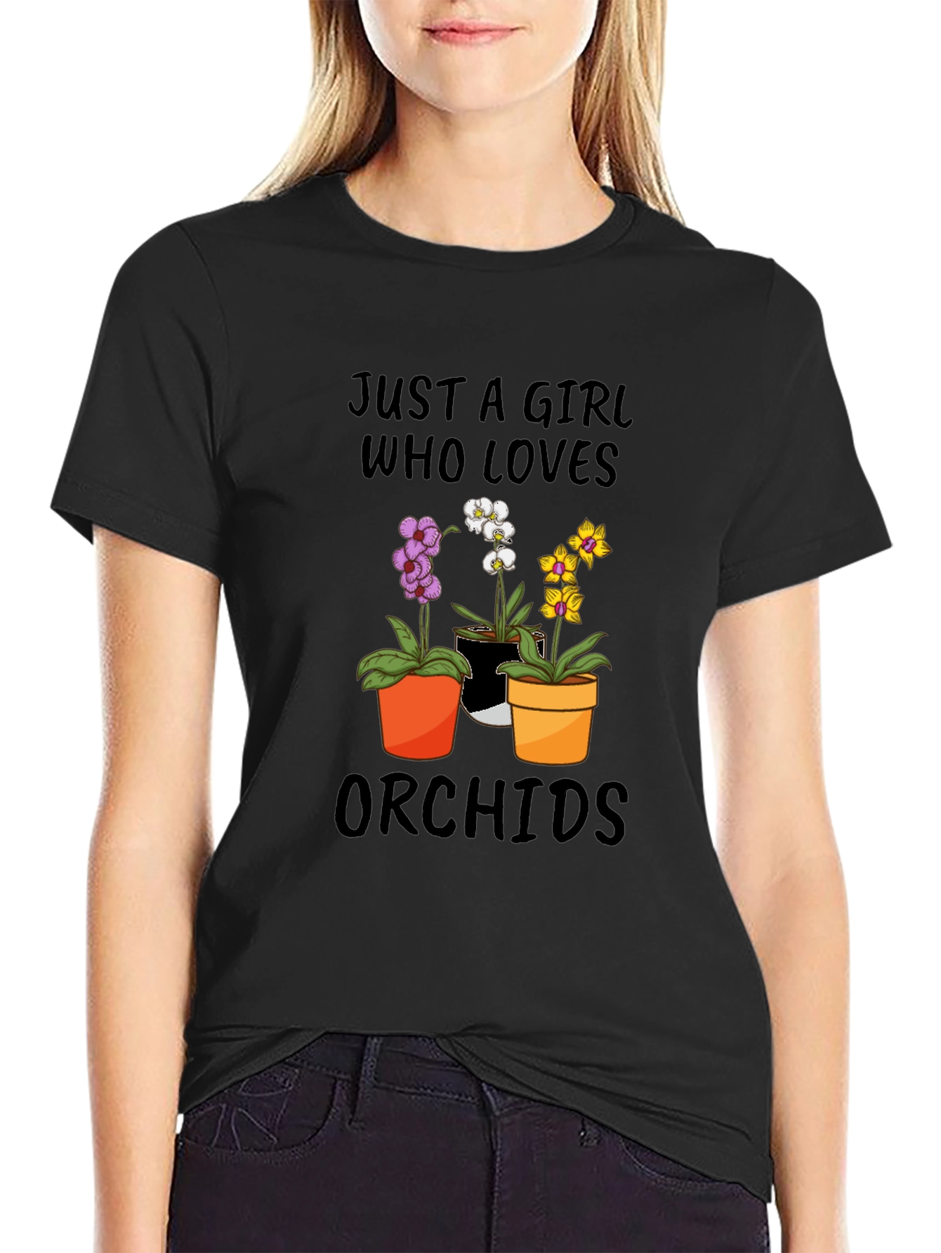 Black Just A Girl Who Loves Orchids T-Shirt view 2