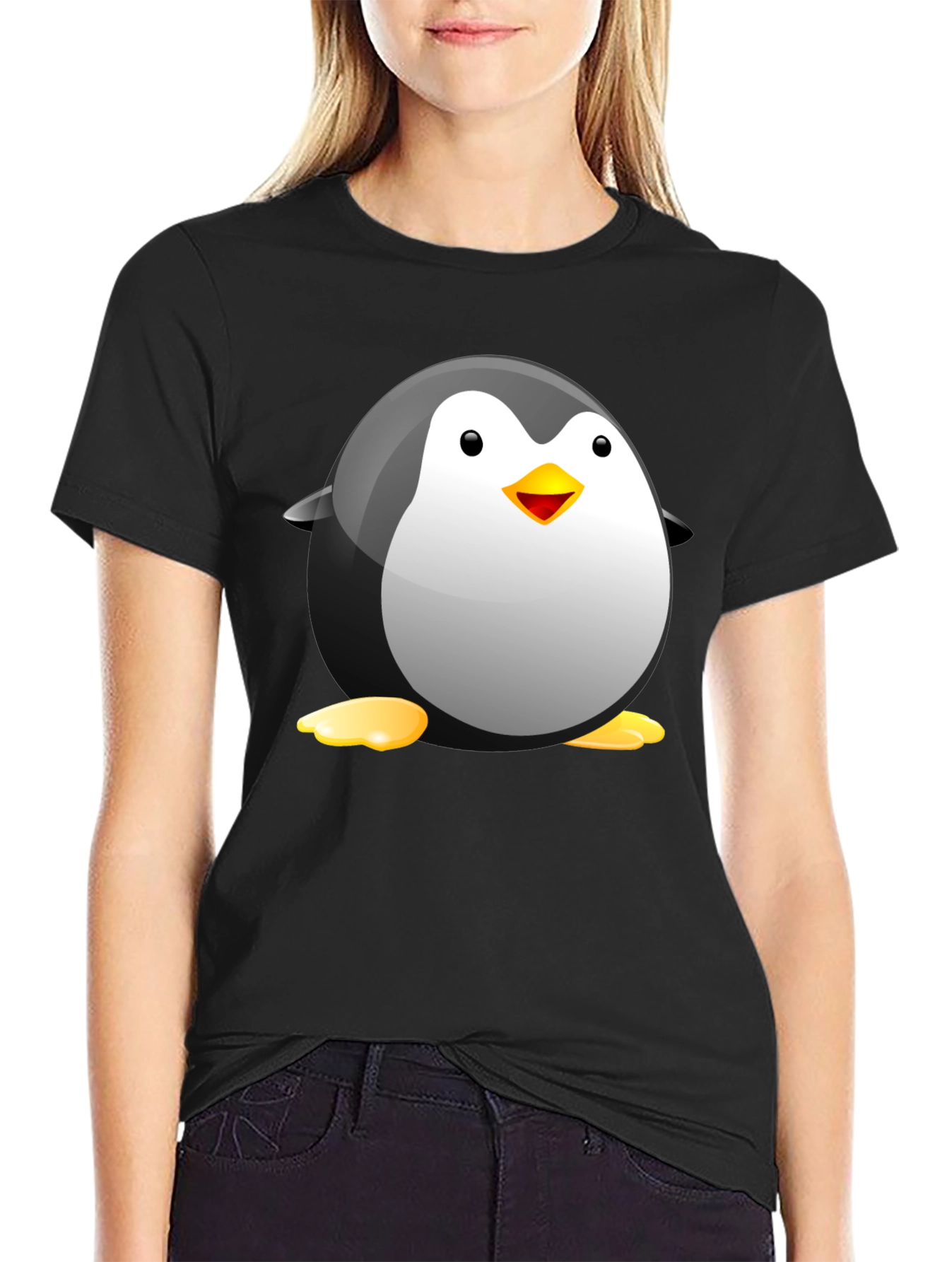 Black Cartoon Penguin Graphic Tee - Soft Cotton Blend view 2