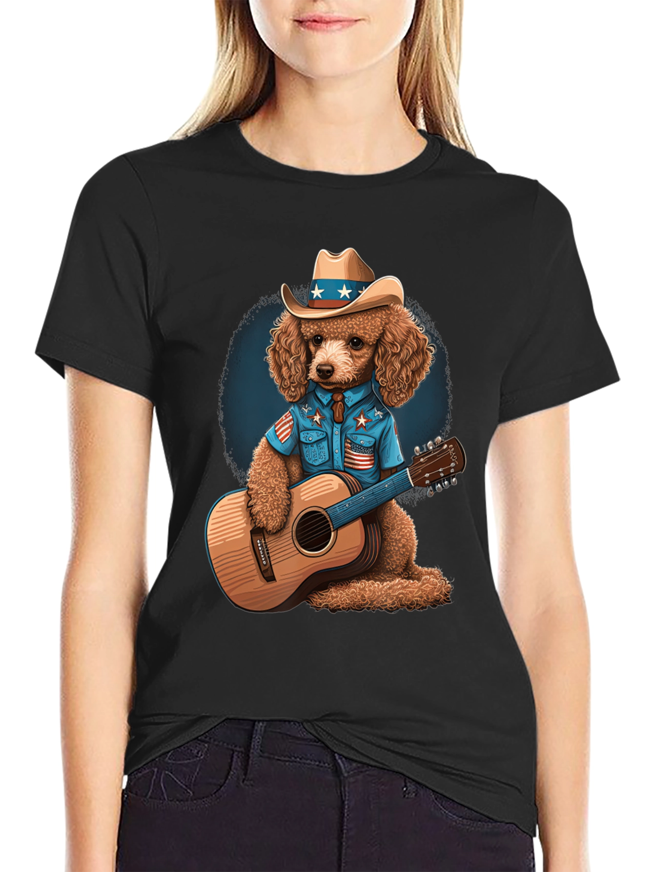 Black Patriotic Poodle Cowboy Guitarist T-Shirt view 2