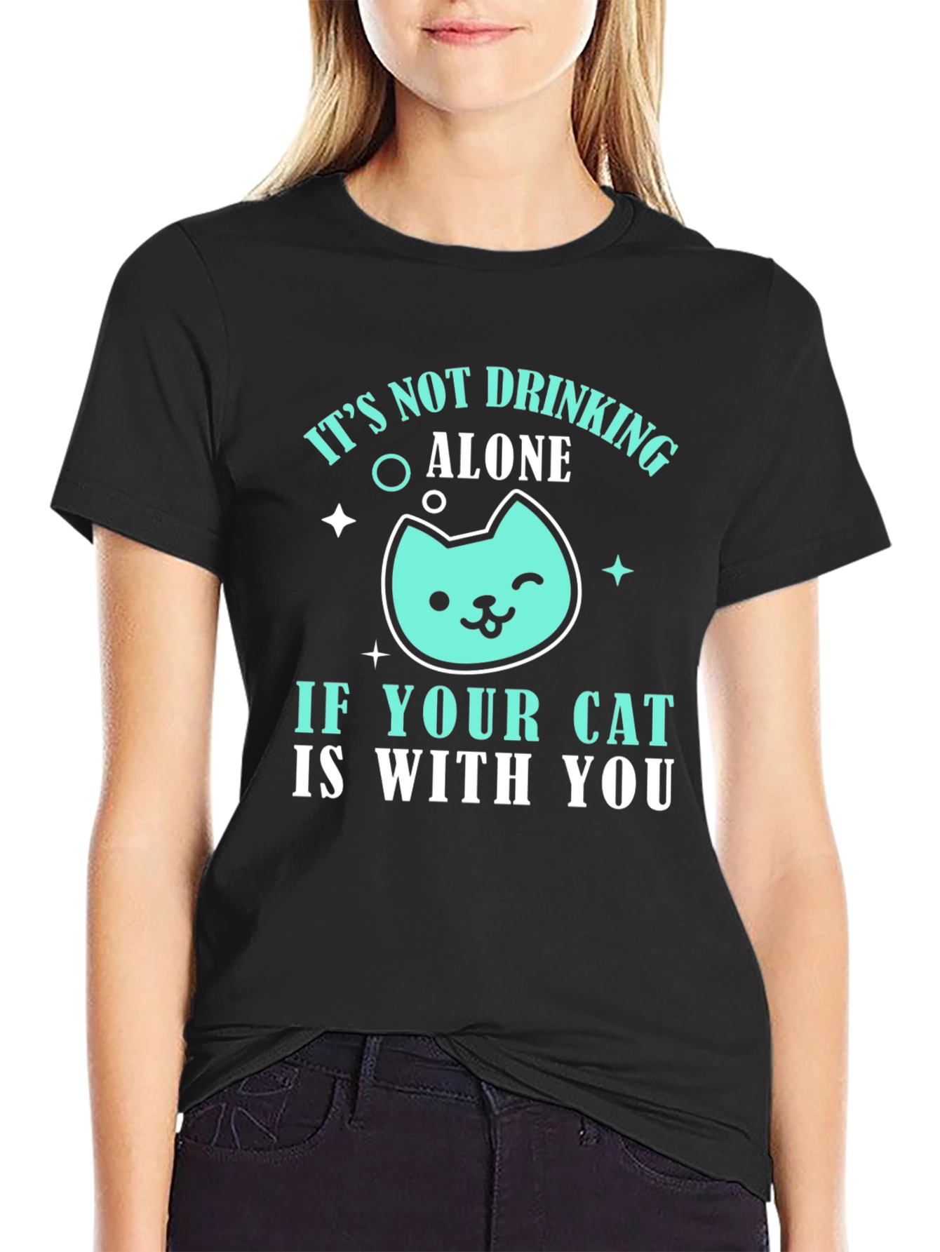 Black Drinking with Cat Graphic Tee - Funny Cat Lover T-Shirt view 2