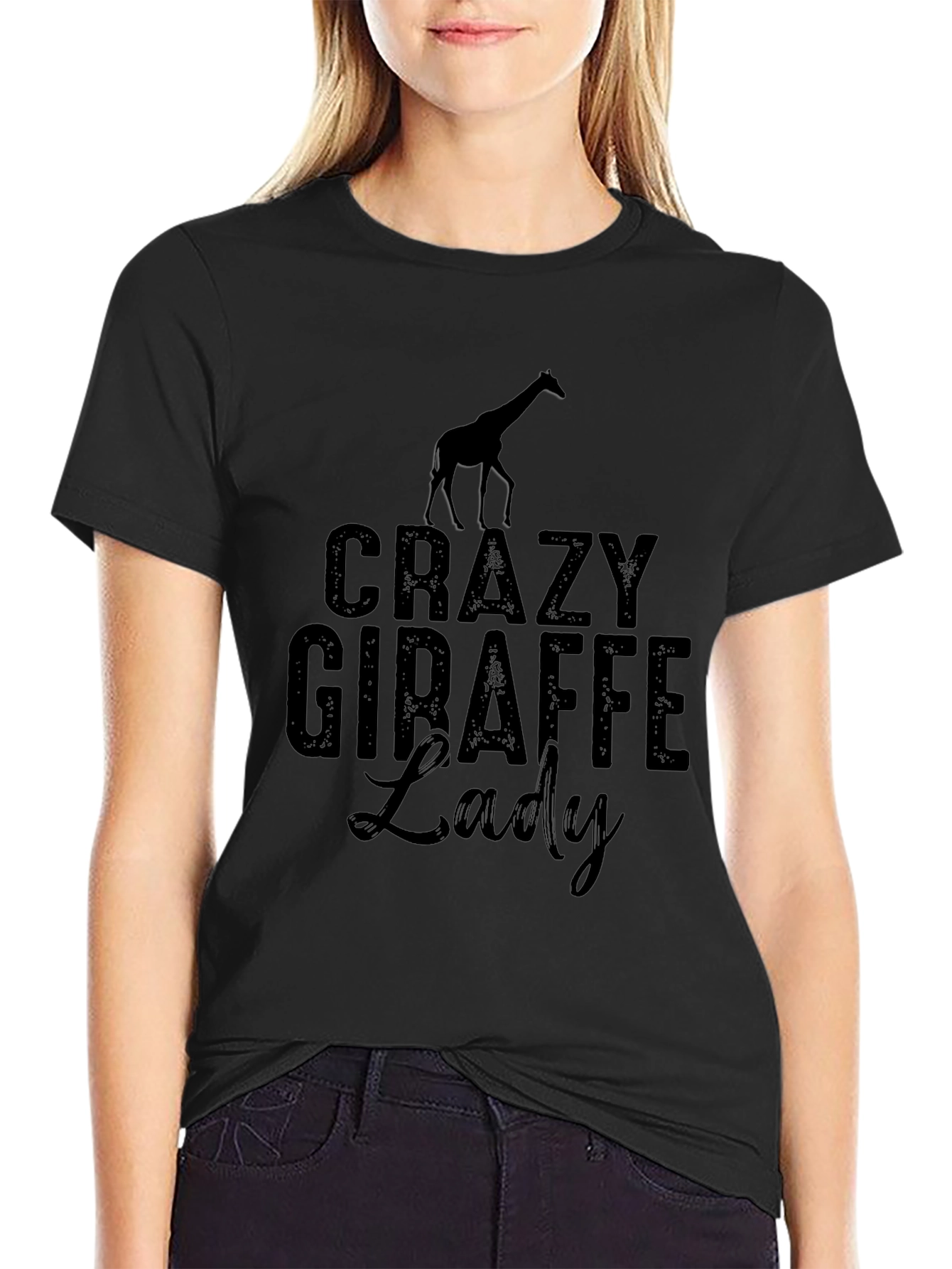 Black Crazy Giraffe Lady Graphic Tee Shirt view 2