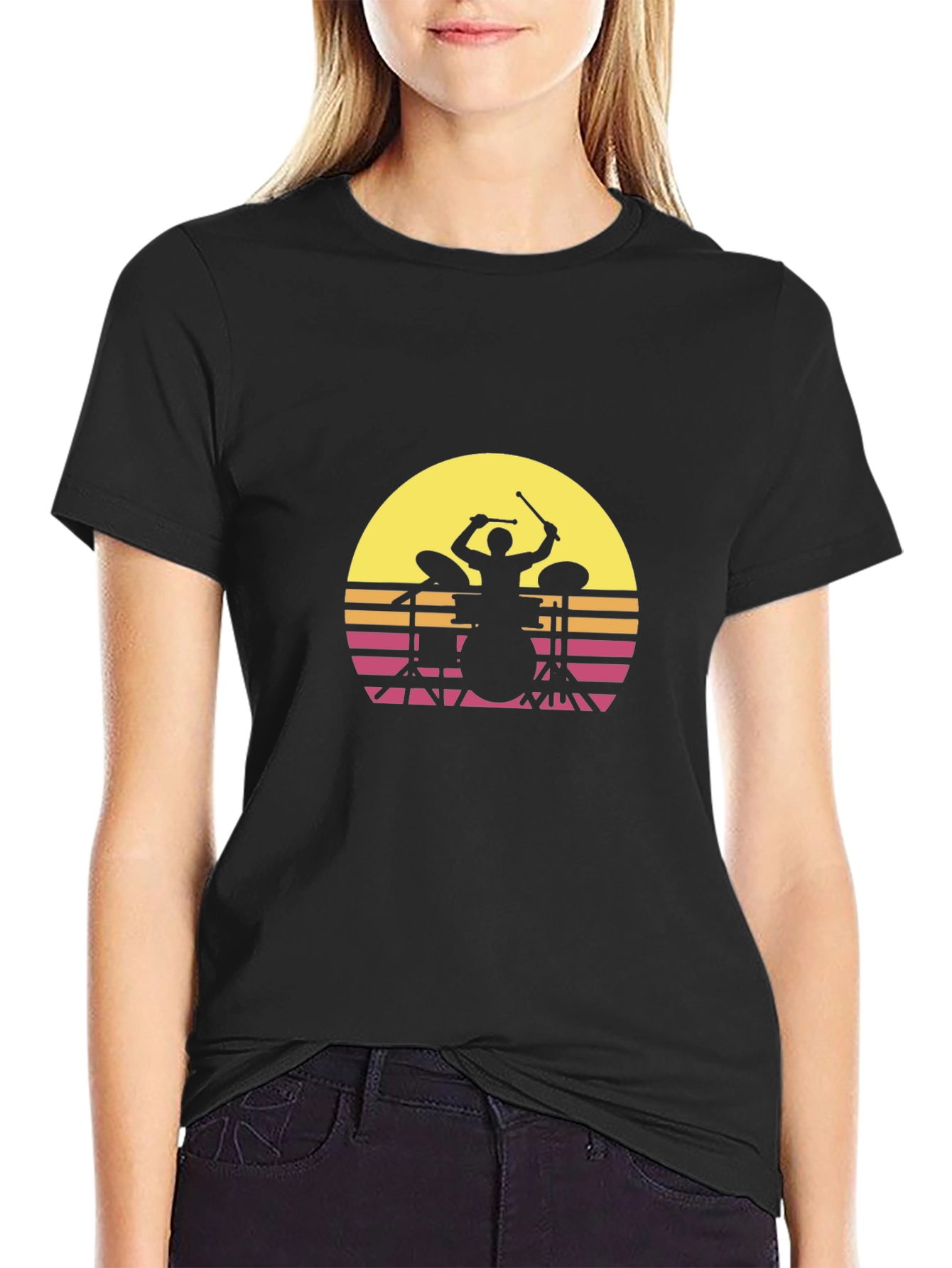 Black Retro Drummer Silhouette T-Shirt view 2