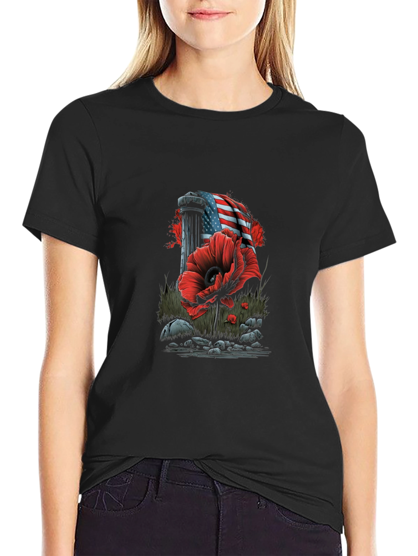 Black Patriotic Poppy T-Shirt - American Flag Memorial Day Tee view 2