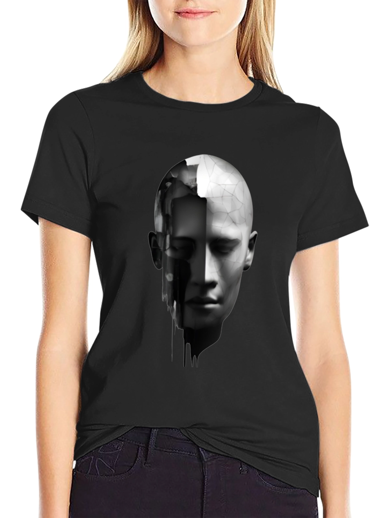 Black Abstract Human Face Graphic Print Black T-Shirt view 2