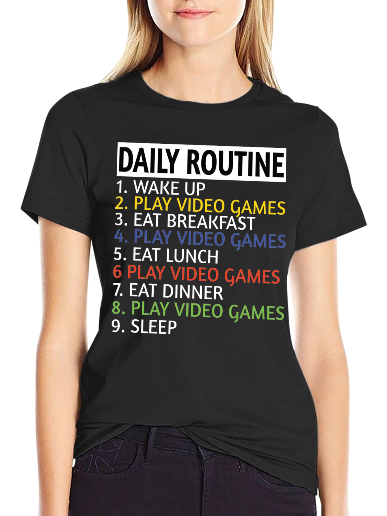 Black Gamer Daily Routine T-Shirt - Funny Gaming Tee view 2