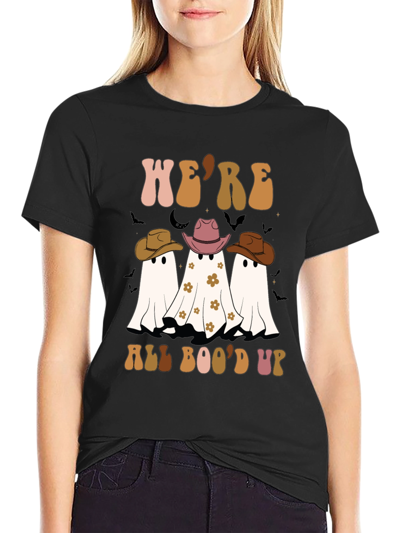 Black Halloween Ghost Crew Neck T-Shirt view 2