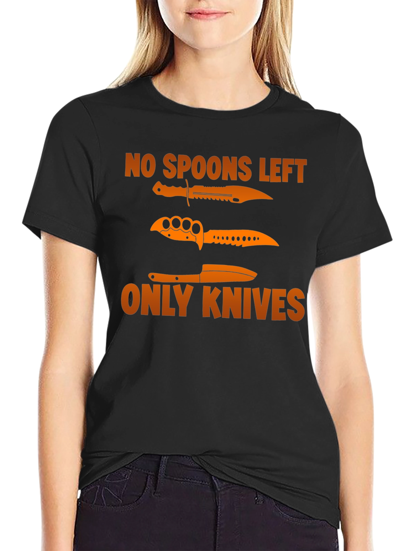 Black No Spoons Left Only Knives T-Shirt view 2