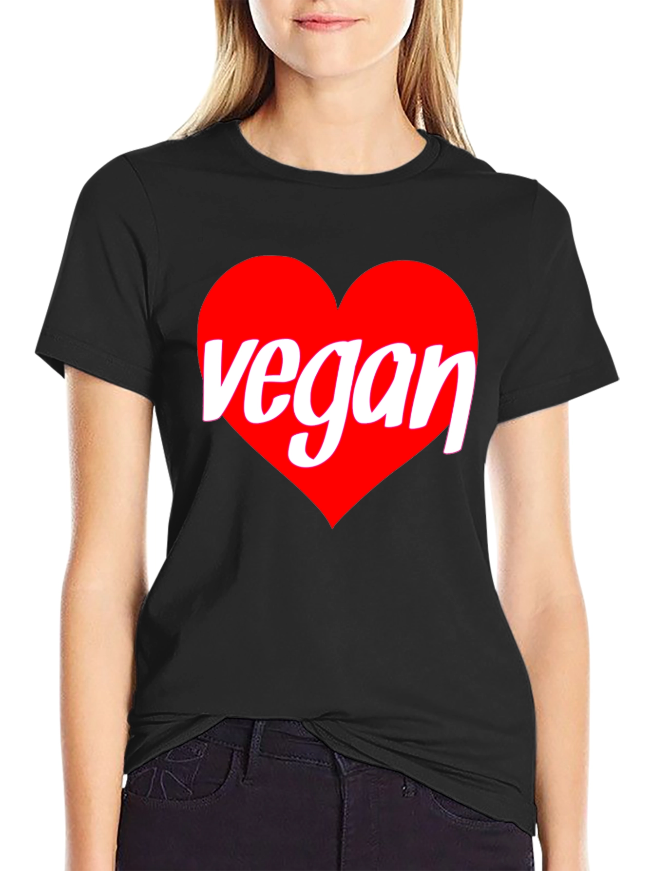 Black Vegan Heart Graphic T-Shirt - Black Crew Neck Tee view 2