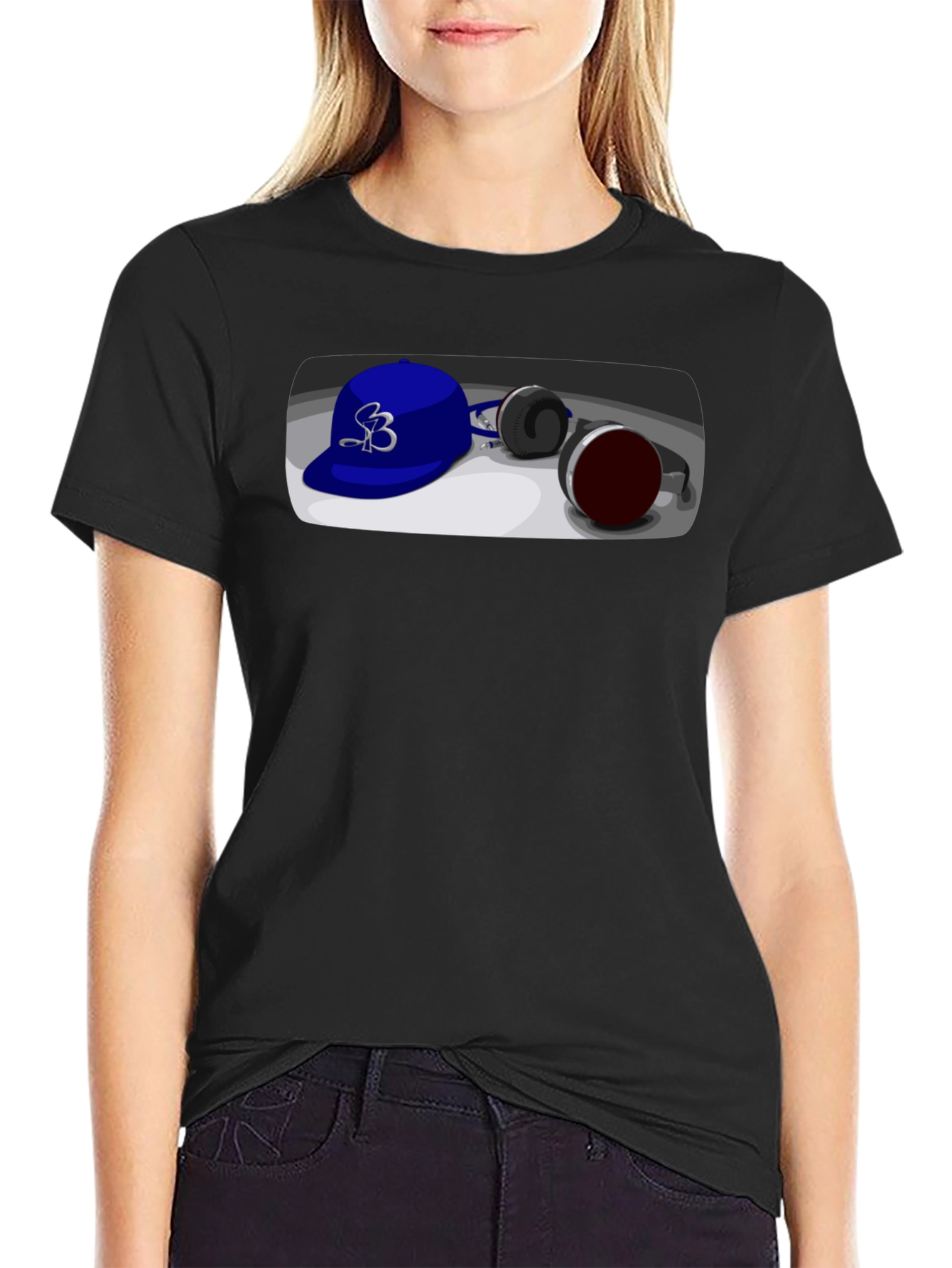 Black Cool Cartoon Blue Hat and Headphones Graphic Tee view 2