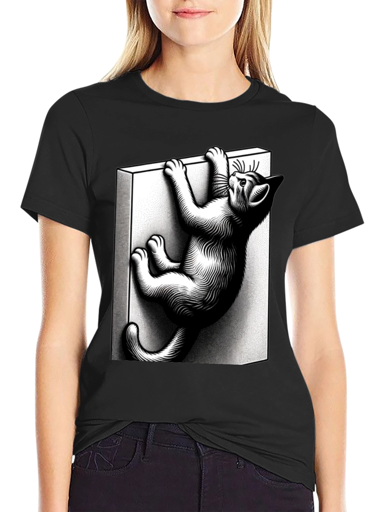 Black Climbing Cat Graphic Tee - Black Cotton Blend view 2