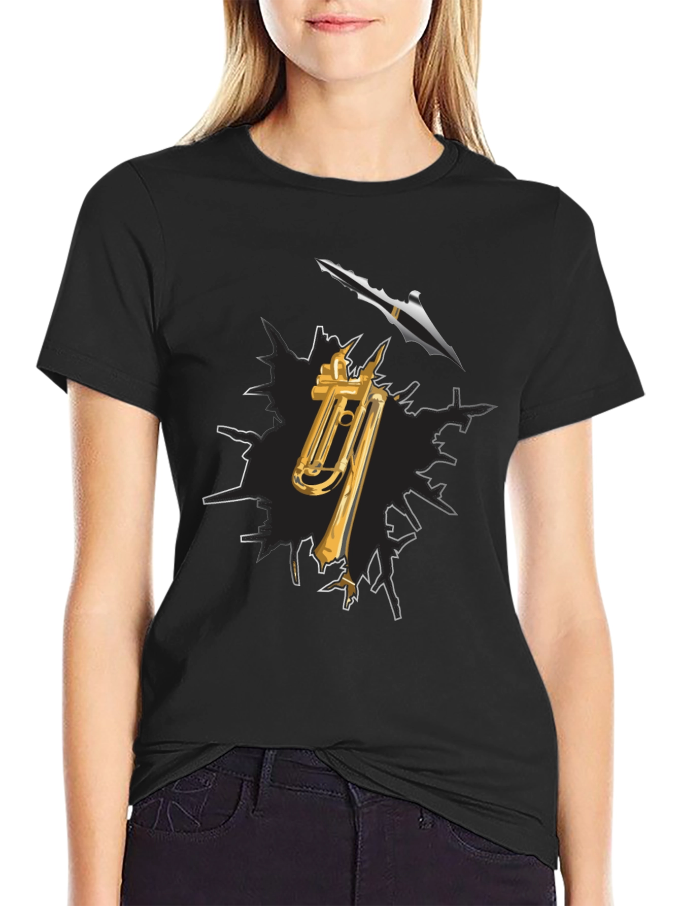 Black Trumpet and Spear Graphic Black T-Shirt view 2