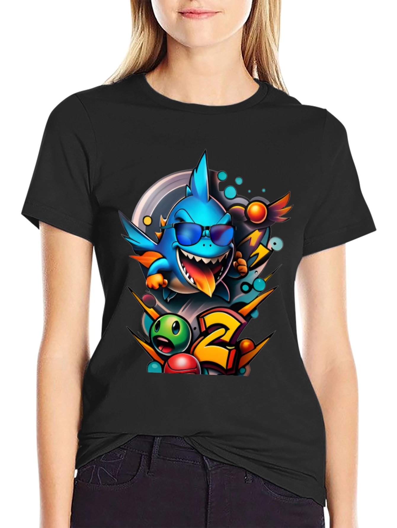 Black Cool Shark Cartoon Graphic Print T-Shirt view 2