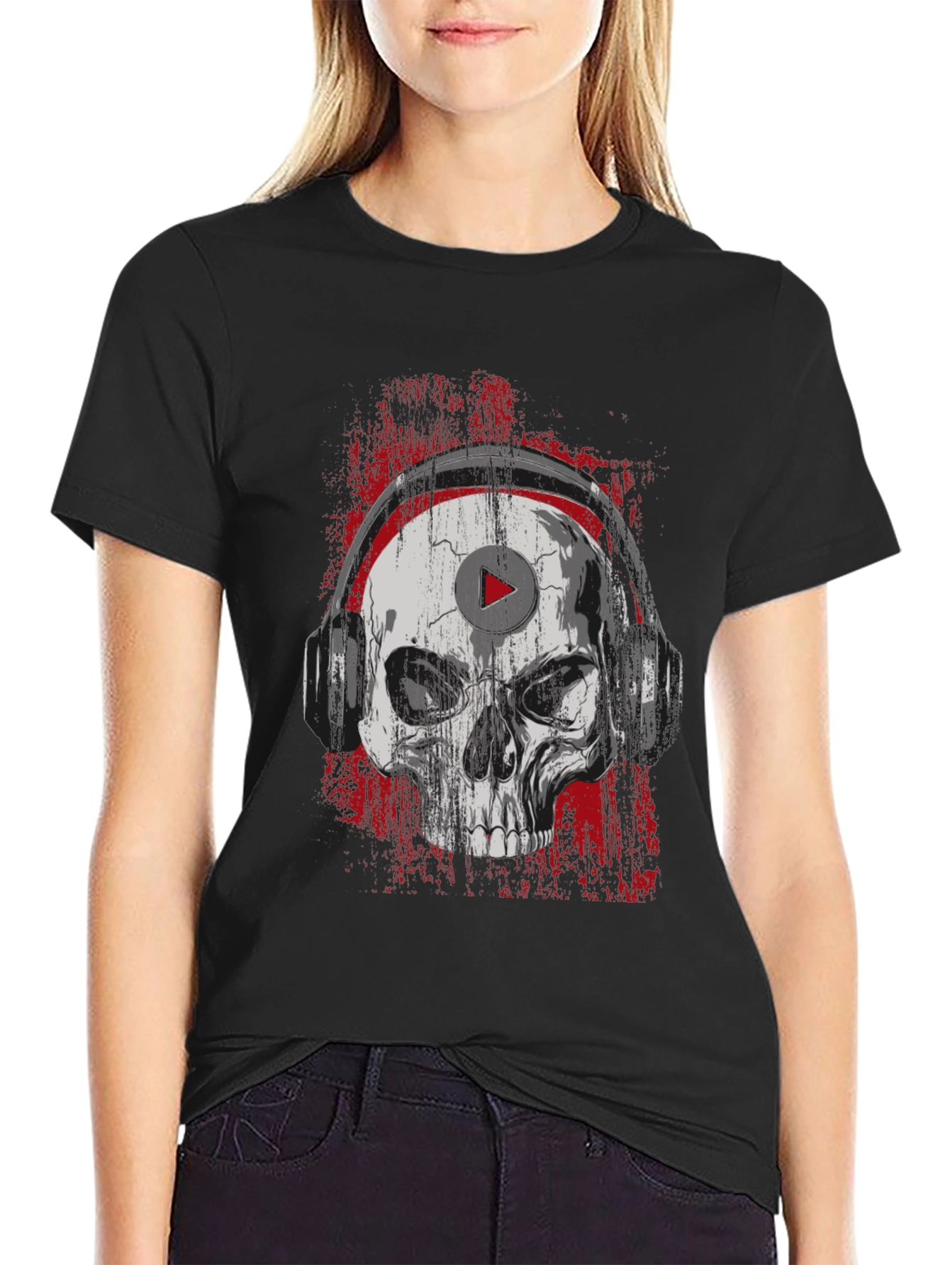Black Skull Headphones Graphic Tee - Rocker Style T-Shirt view 2