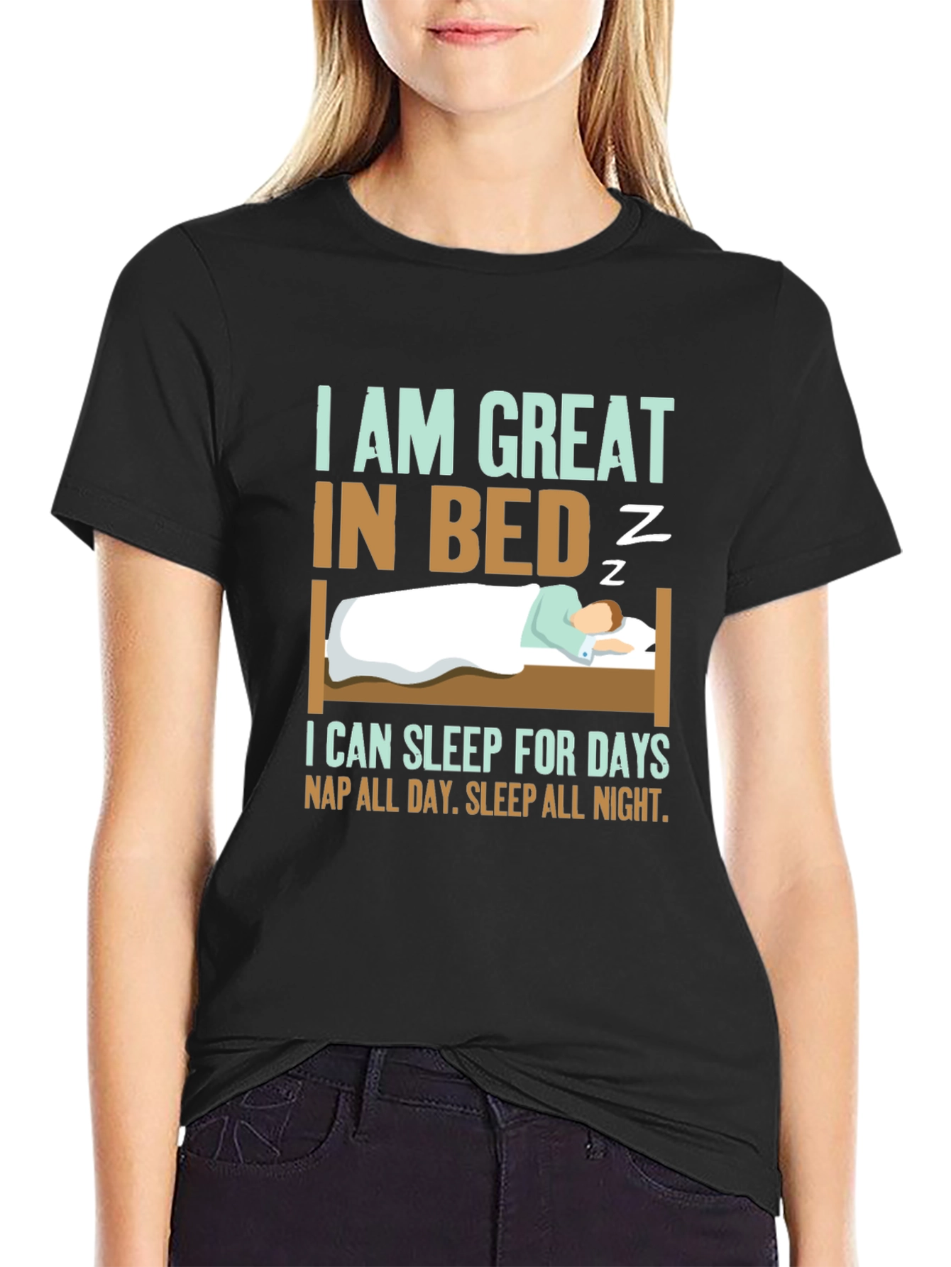 Black Great in Bed Sleeping T-Shirt Funny Slogan view 2