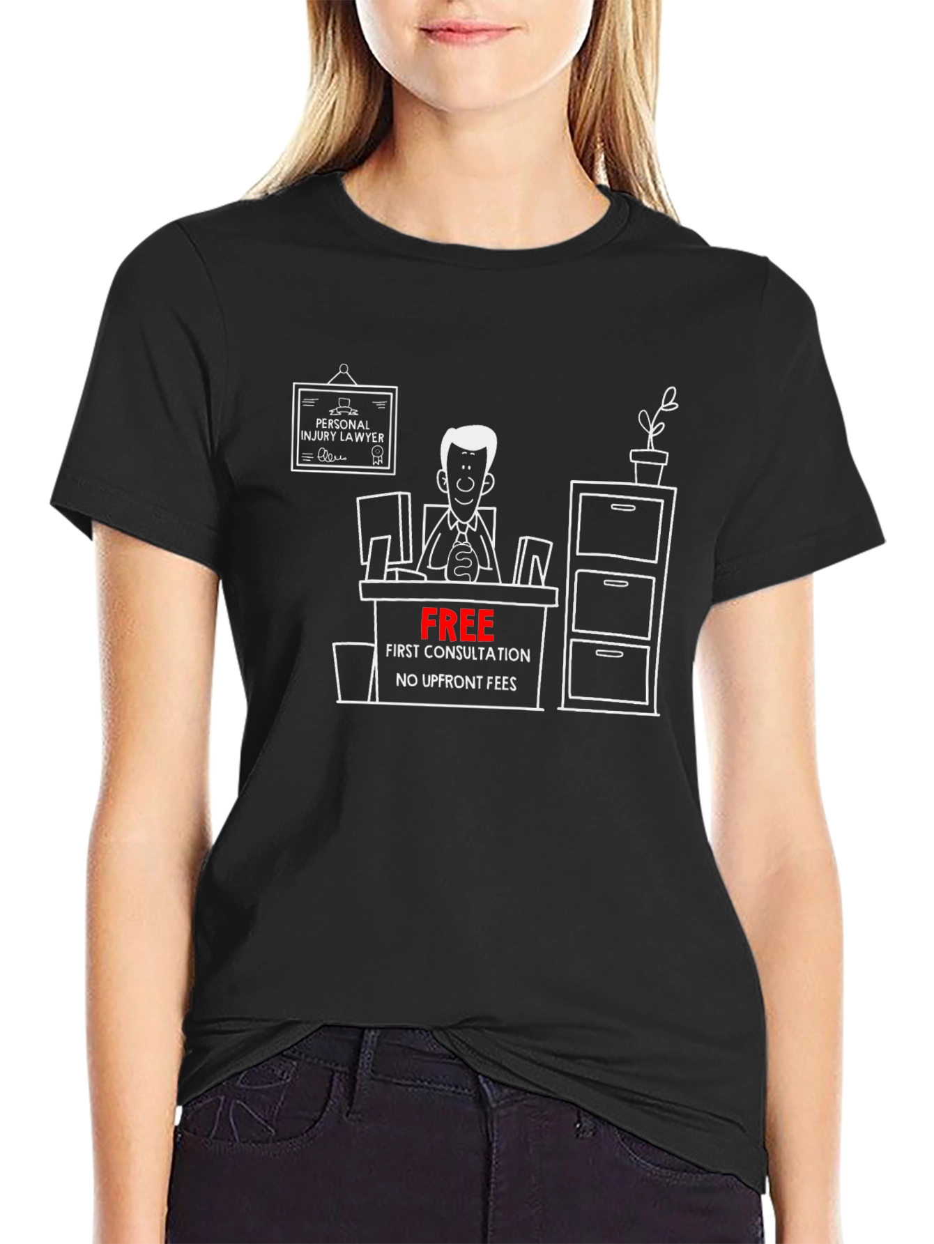 Black Lawyer Cartoon Graphic Tee - Free Consultation T-Shirt view 2