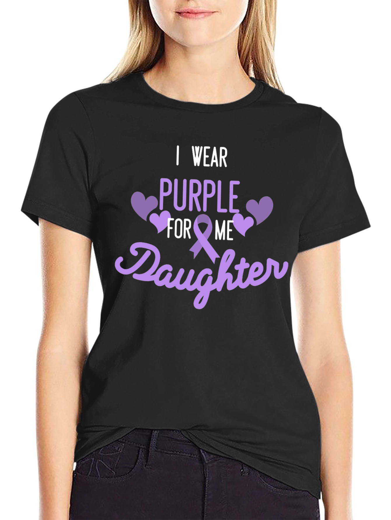 Black Purple Ribbon Daughter Support T-Shirt view 2