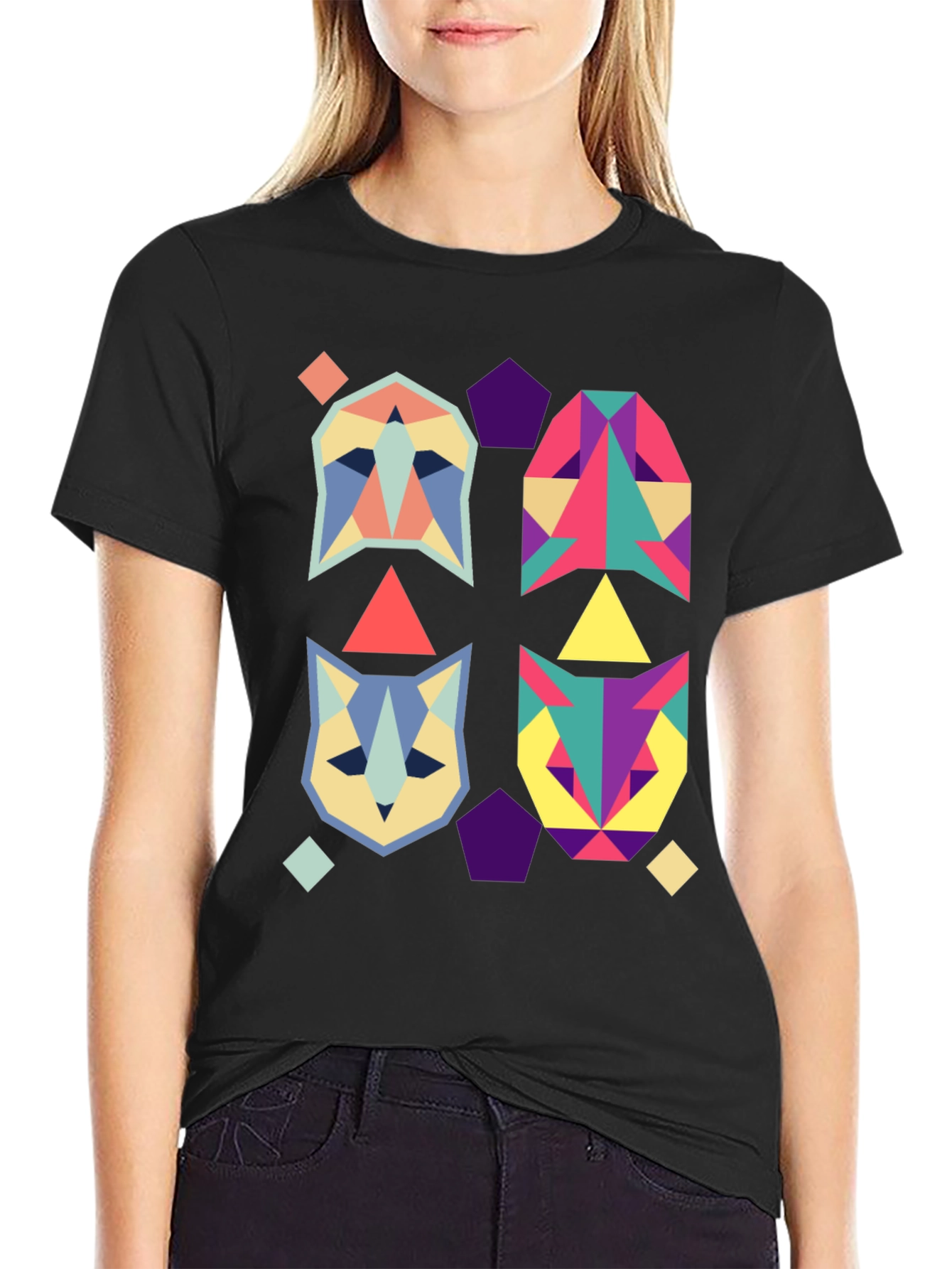 Black Geometric Animal Print Black T-Shirt view 2