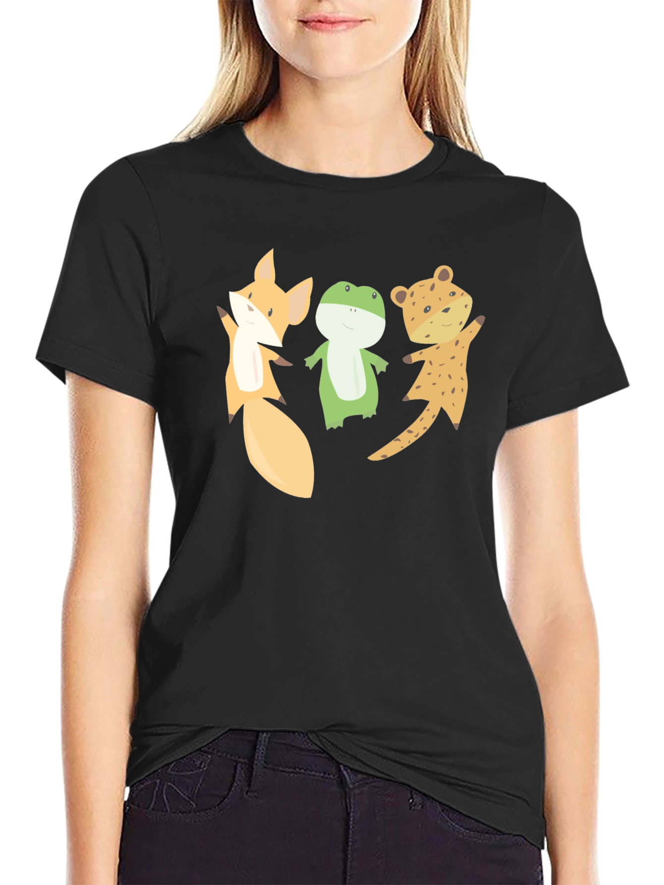 Black Cartoon Animal Friends Black T-Shirt view 2