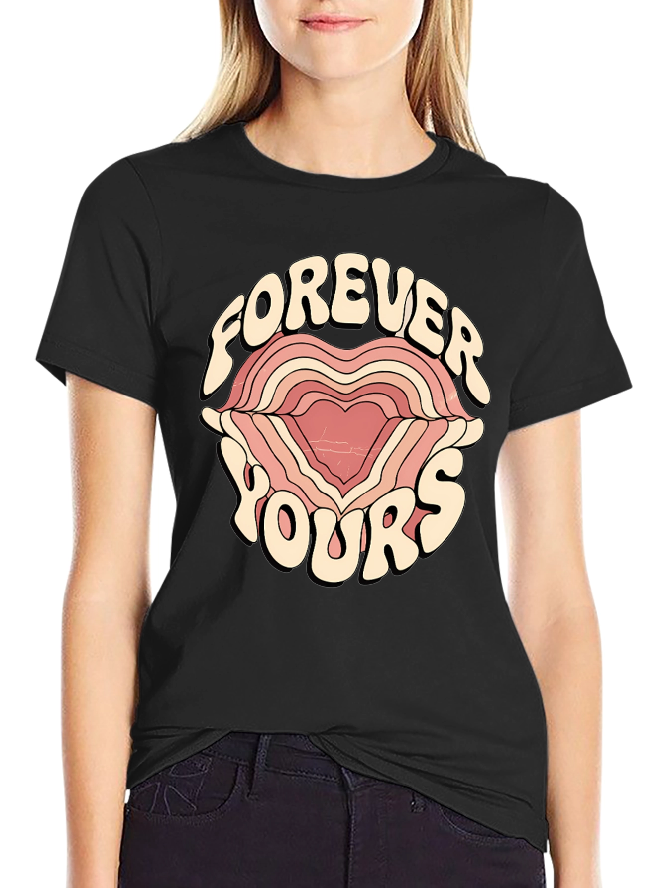 Black Forever Yours Graphic Tee - Retro Heart Design view 2