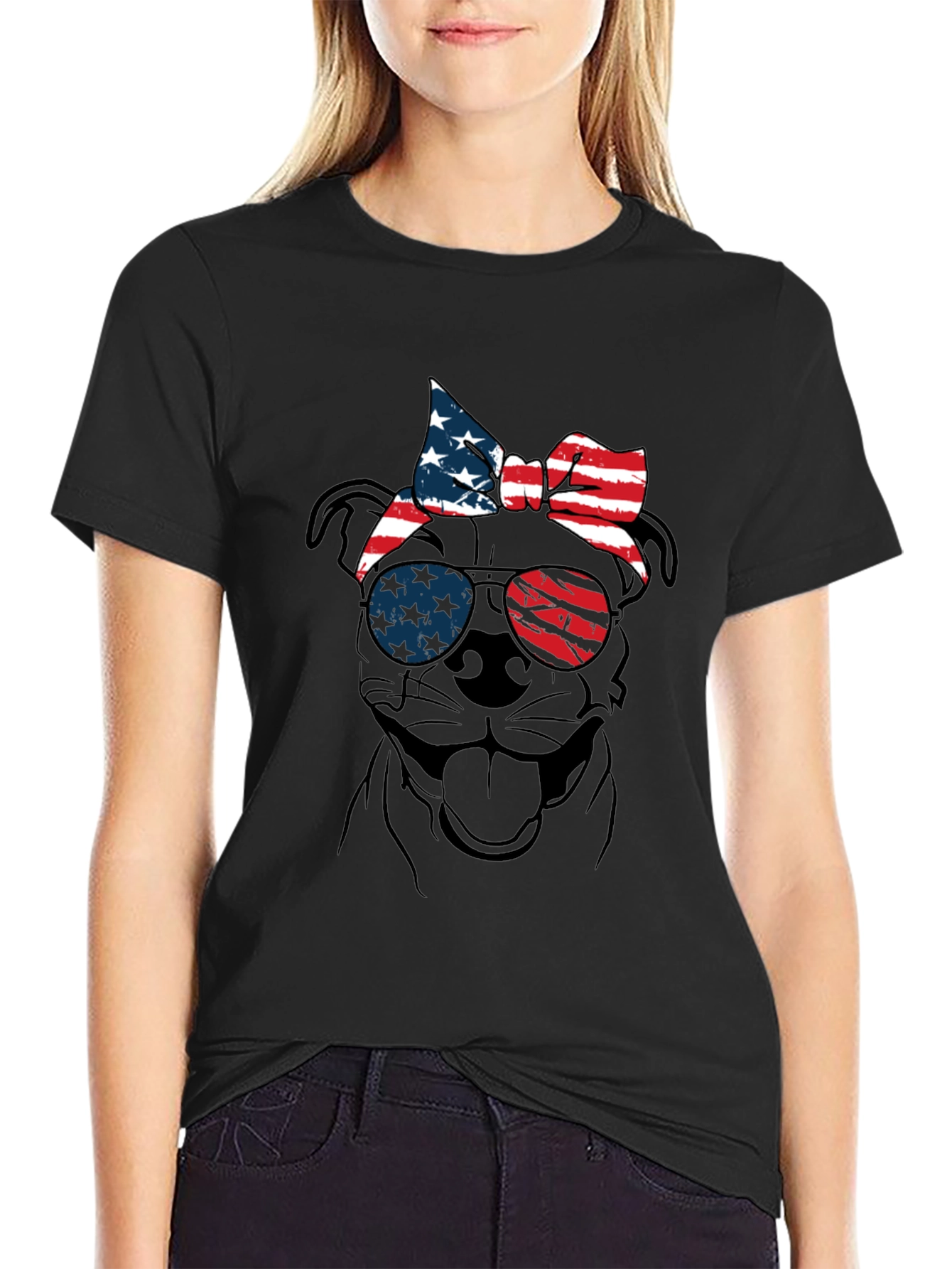 Patriotic Dog T-Shirt - USA Flag Sunglasses & Bandana - 2