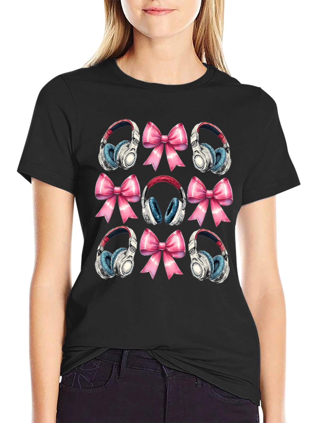 Black Headphones & Bows Graphic T-Shirt - Music Lover Tee view 2