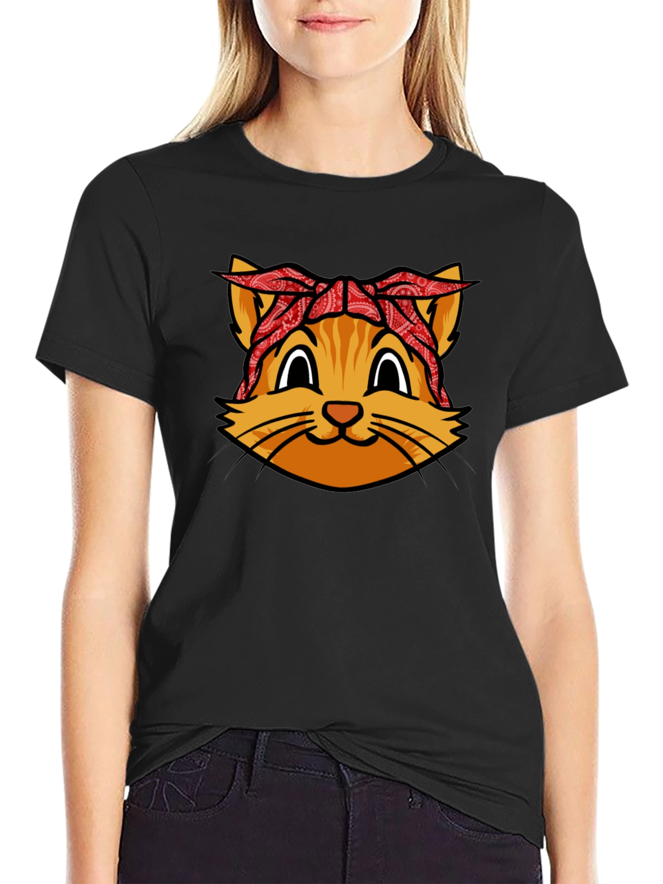 Black Bandana Cat Graphic Tee - Cool Black Shirt view 2