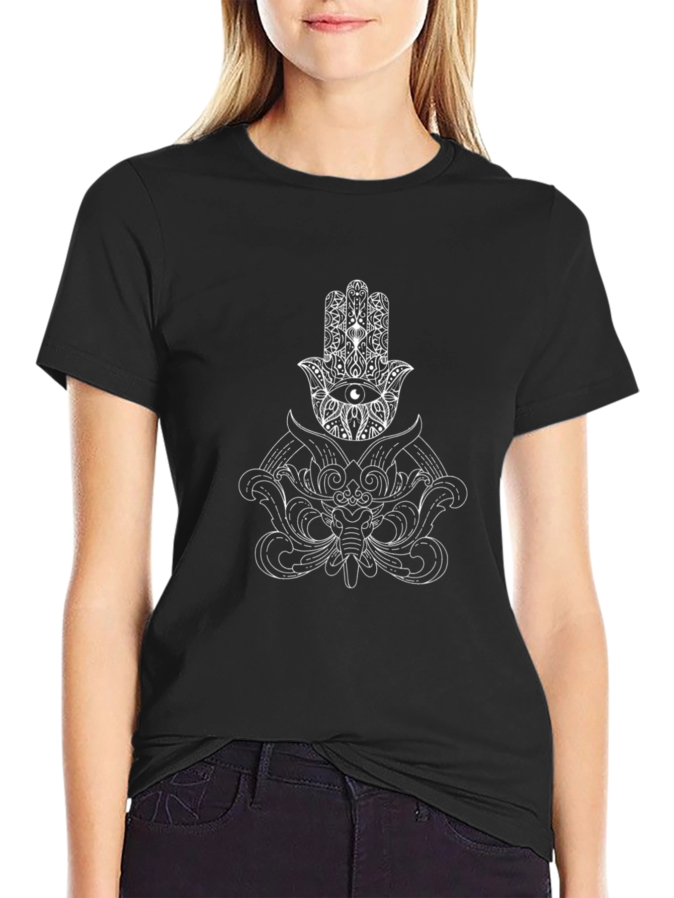 Black Hamsa Hand Elephant Graphic Print Black T-Shirt view 2