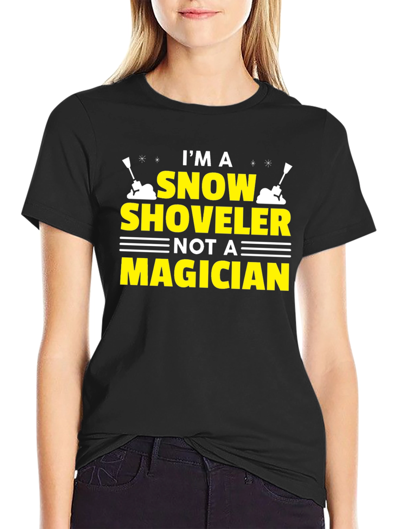 Black Snow Shoveler T-Shirt - Not a Magician Funny Winter Tee view 2