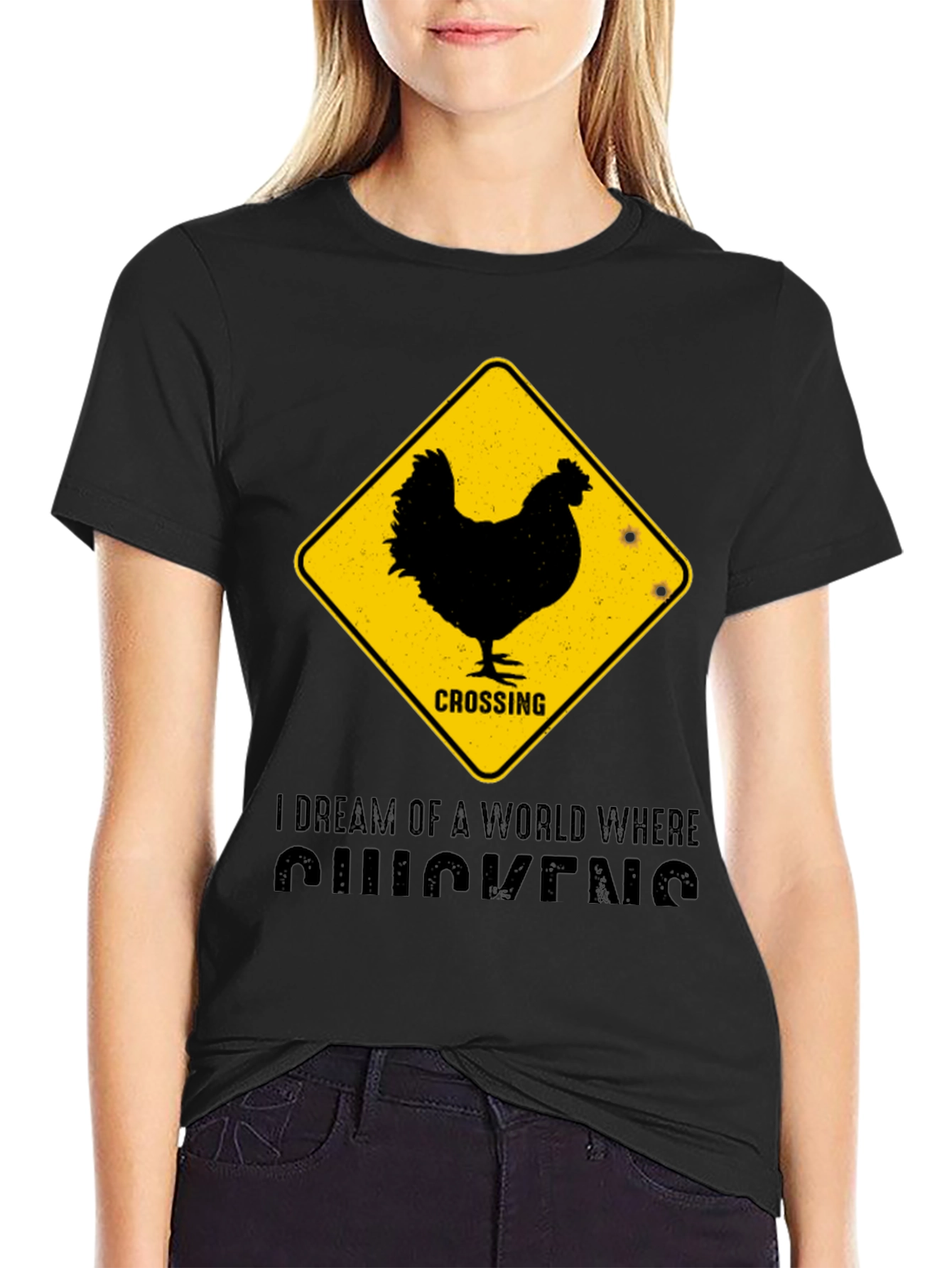 Black Funny Chicken Crossing T-Shirt - "I Dream of Chickens" view 2