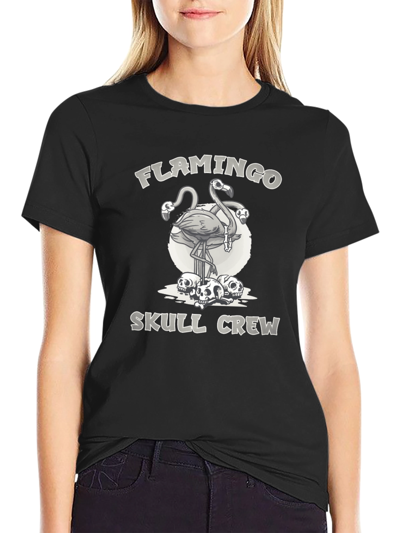 Black Flamingo Skull Crew Graphic Tee - Black view 2
