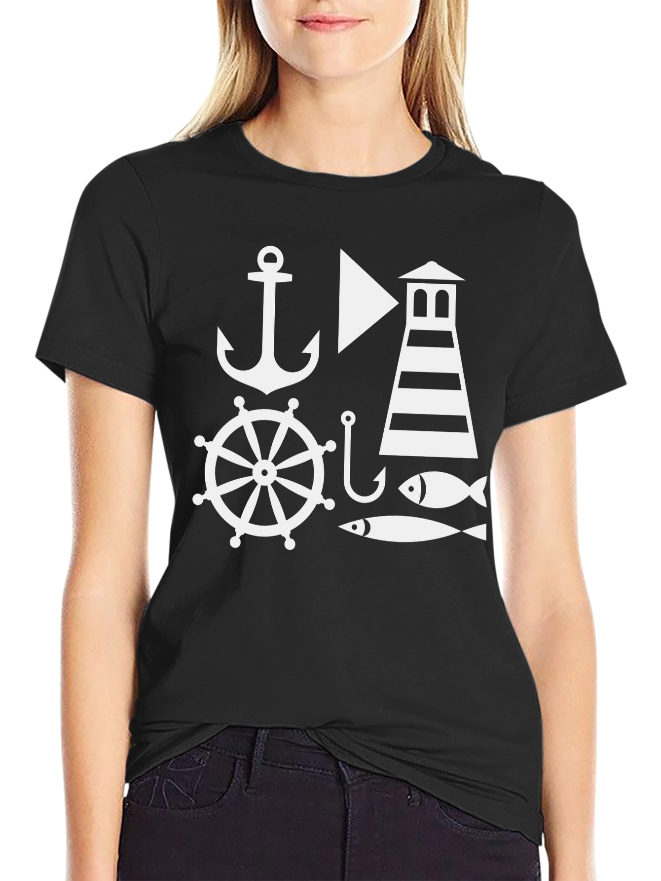 Black Nautical Theme Men's Black T-Shirt: Anchor, Lighthouse, Fish view 2