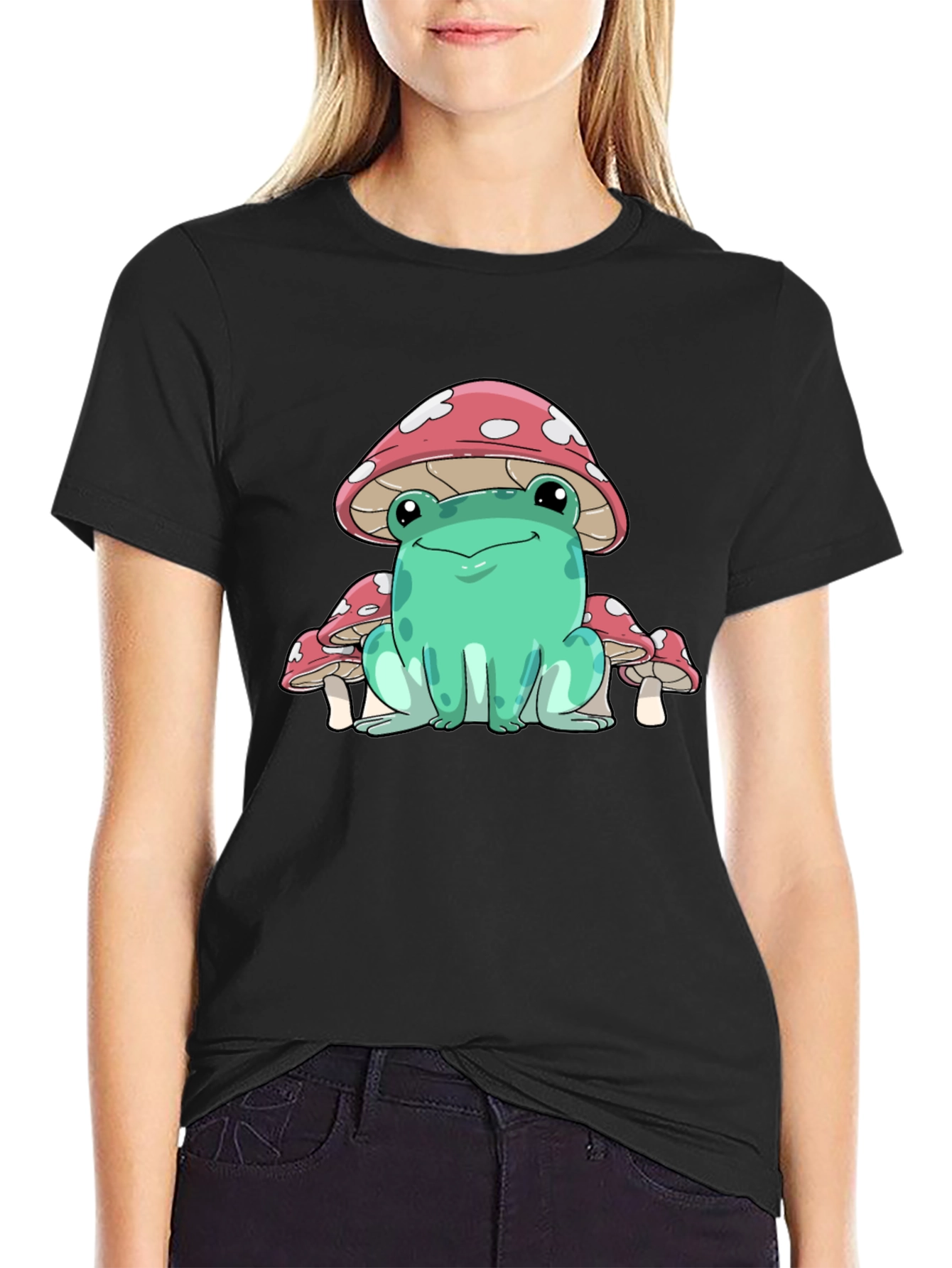 Black Frog Mushroom Graphic Tee - Whimsical Black T-Shirt view 2