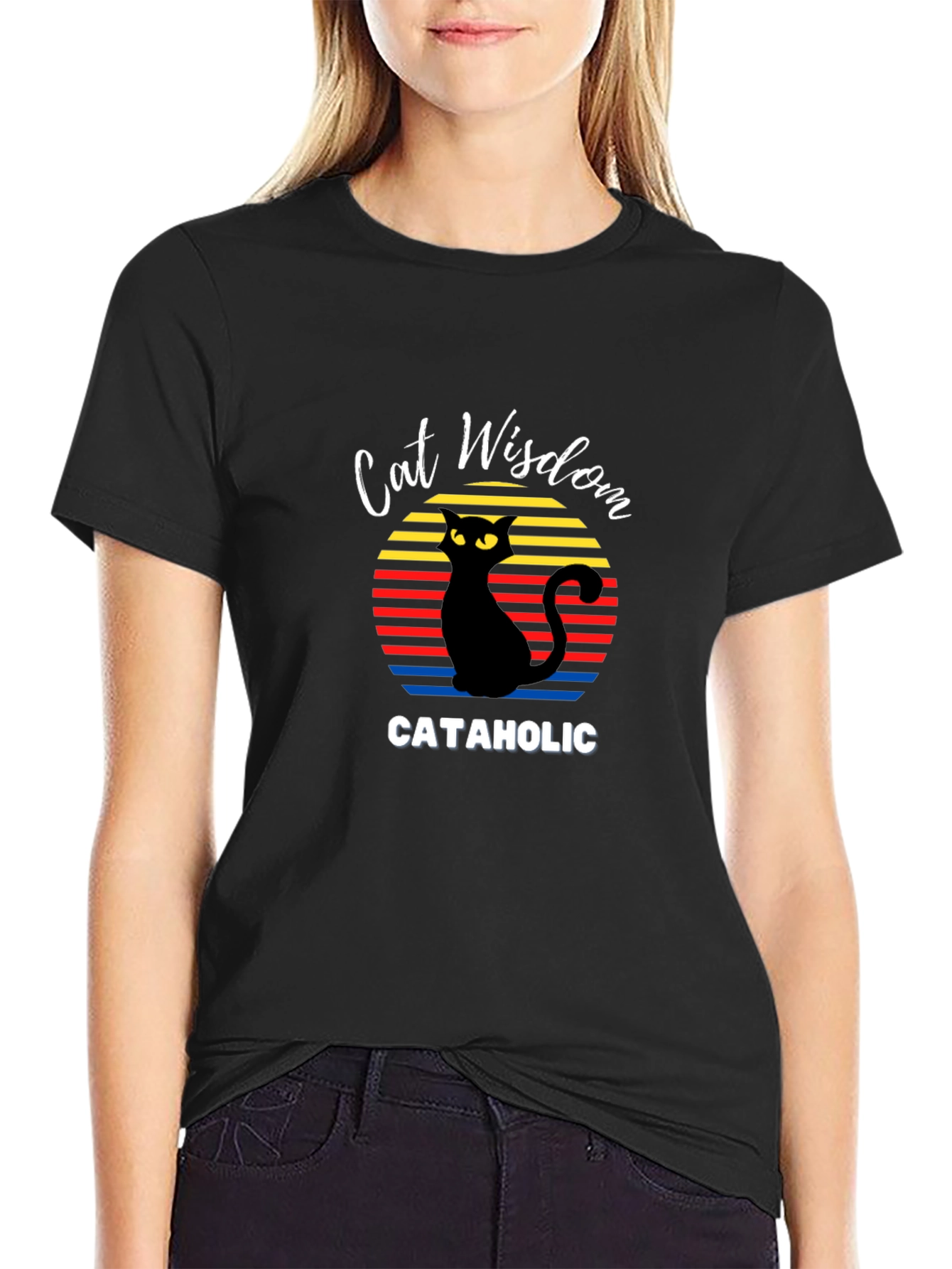 Black Cat Wisdom Cataholic Graphic T-Shirt view 2