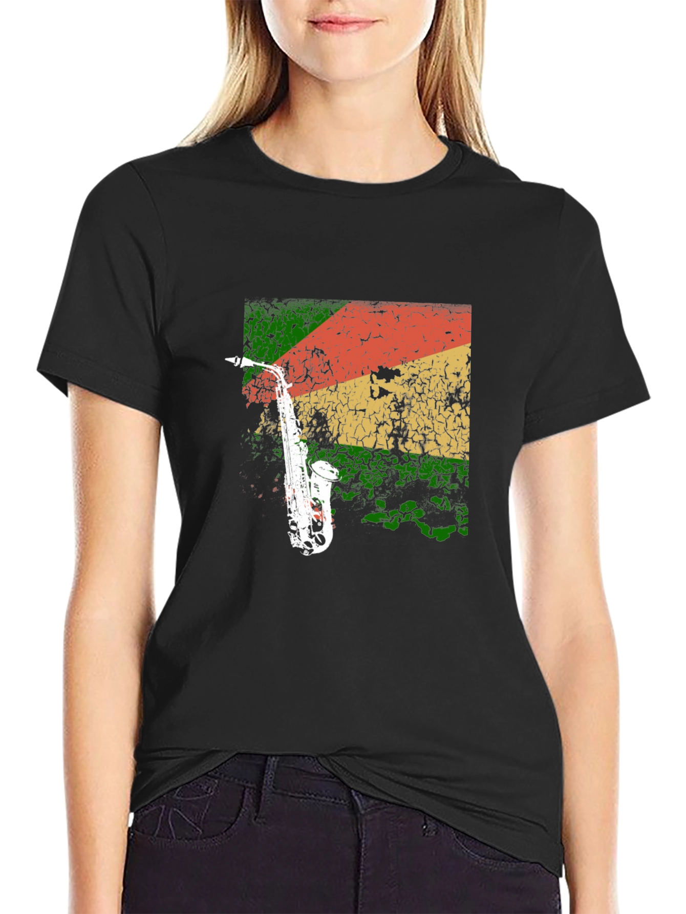 Black Saxophone Reggae T-Shirt - Cool Music Tee view 2