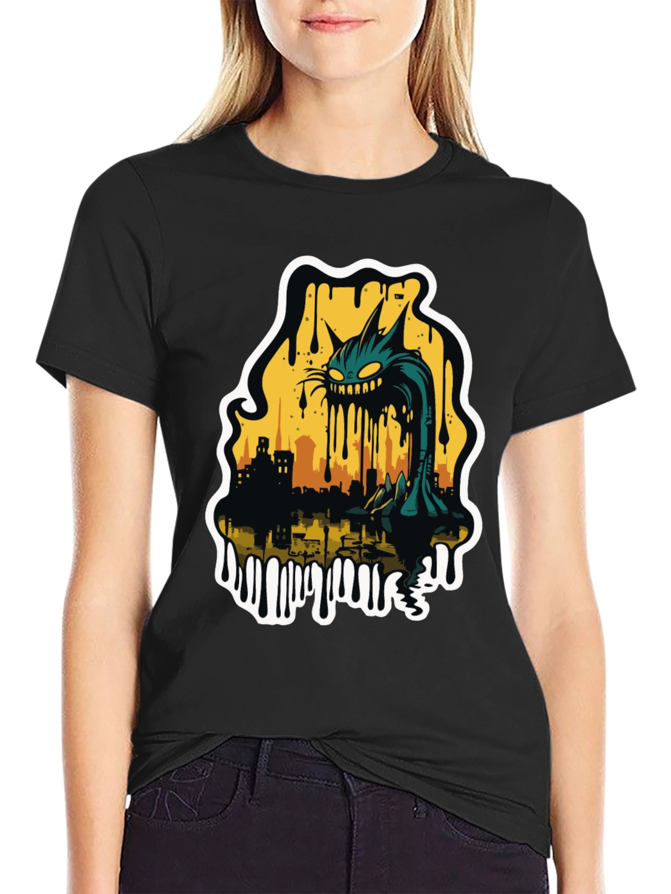 Black Monster Cat Cityscape Graphic Tee - Black view 2