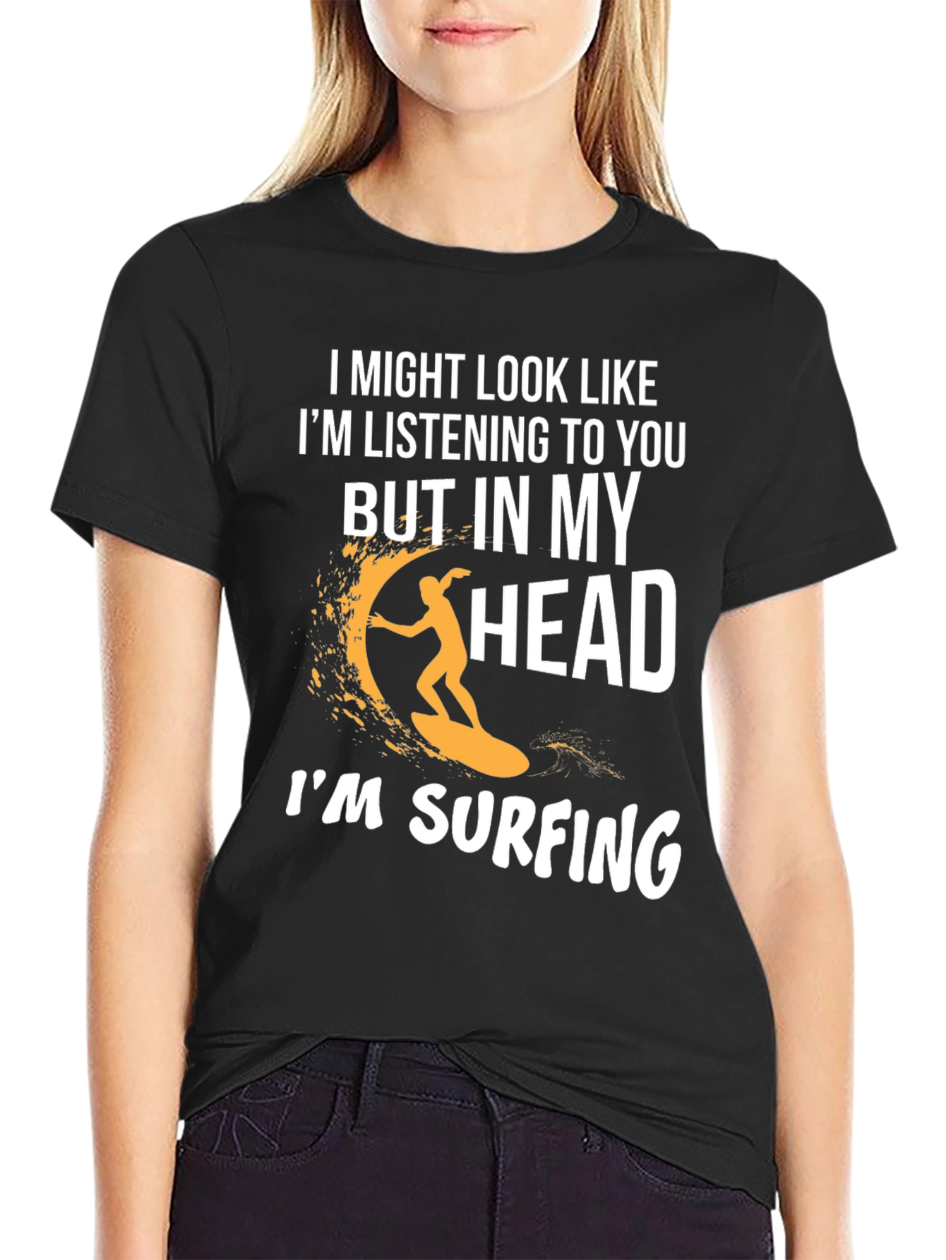 Black Surfing Head T-Shirt - Funny Novelty Tee view 2
