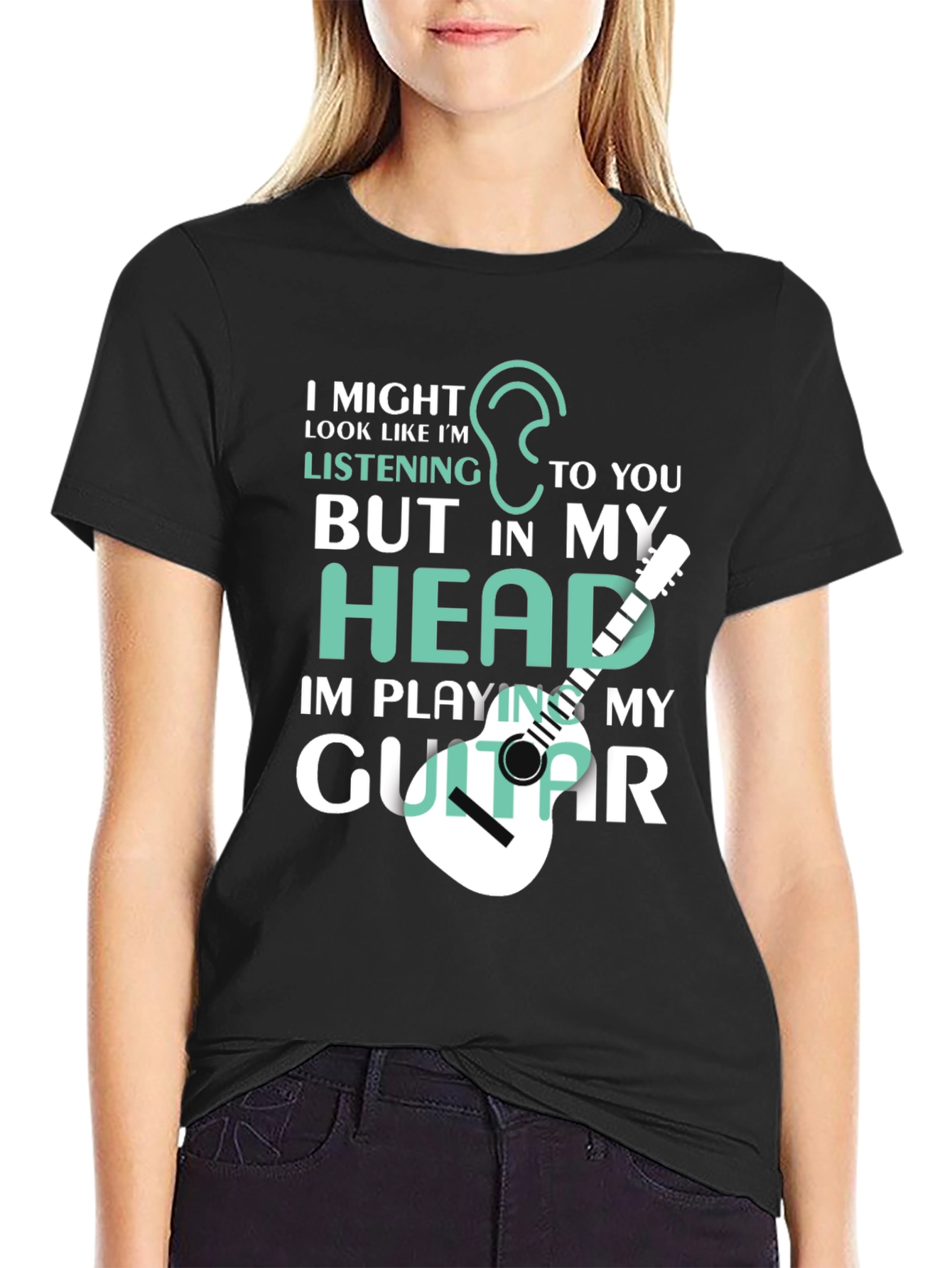 Black Funny Guitar Player T-Shirt - I'm Playing My Guitar In My Head view 2