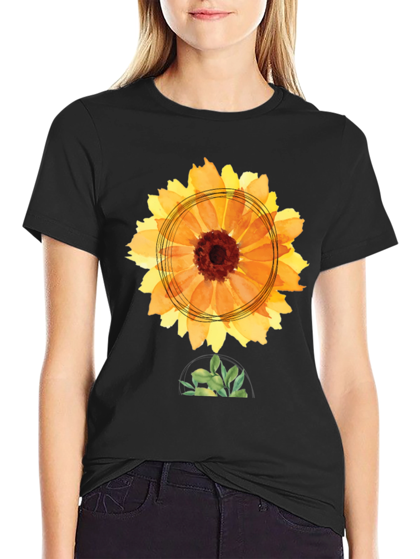 Black Sunflower Watercolor Graphic Tee - Black Cotton T-Shirt view 2