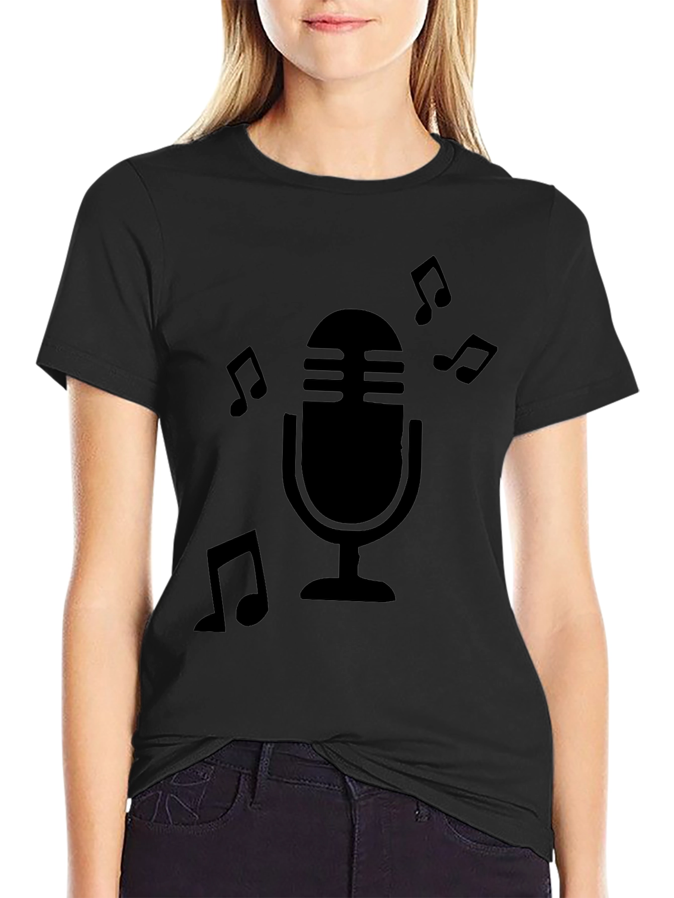 Black Retro Microphone Music Notes Graphic T-Shirt view 2