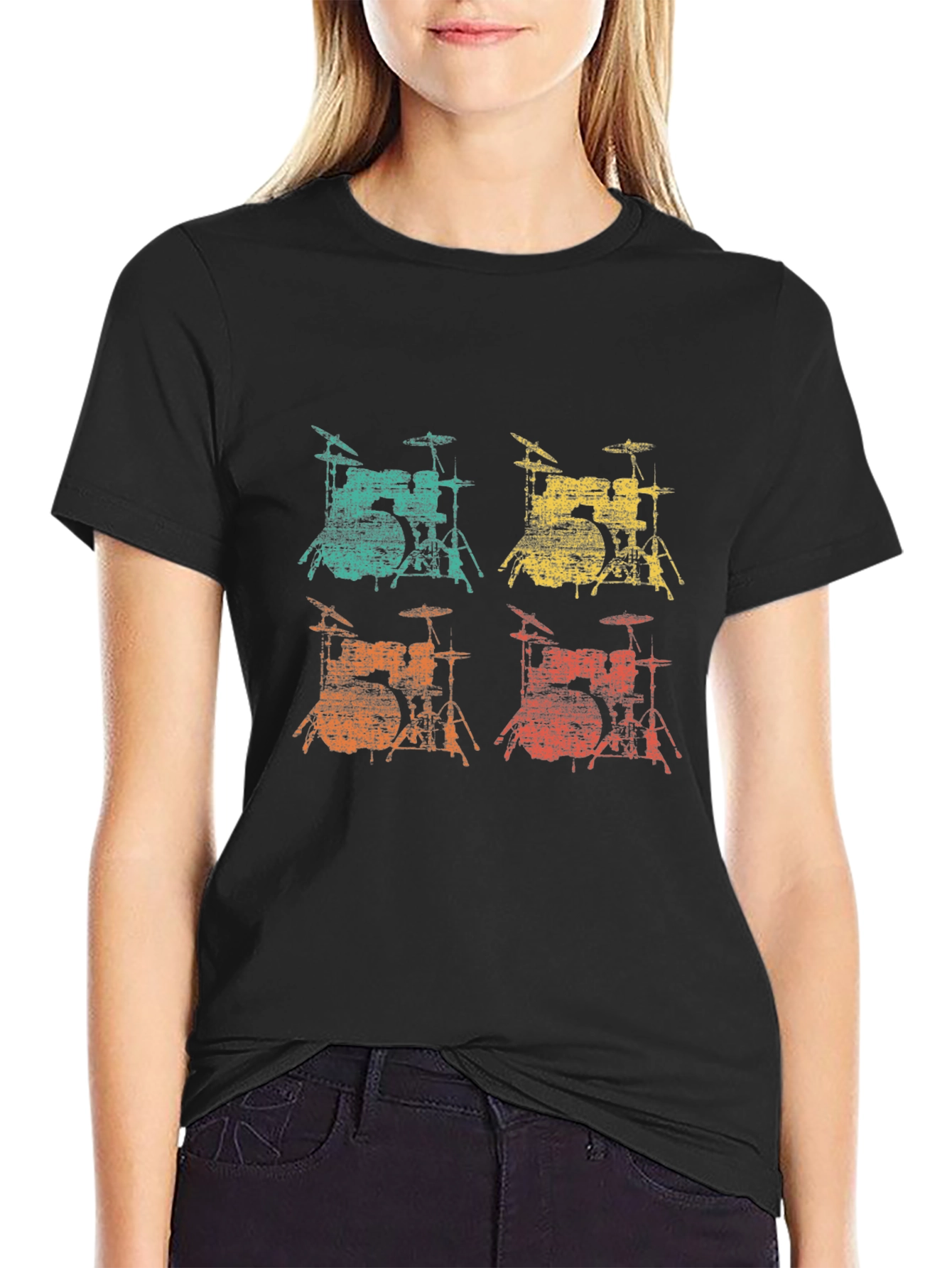 Black Retro Drum Set T-Shirt - Music Lover Tee view 2