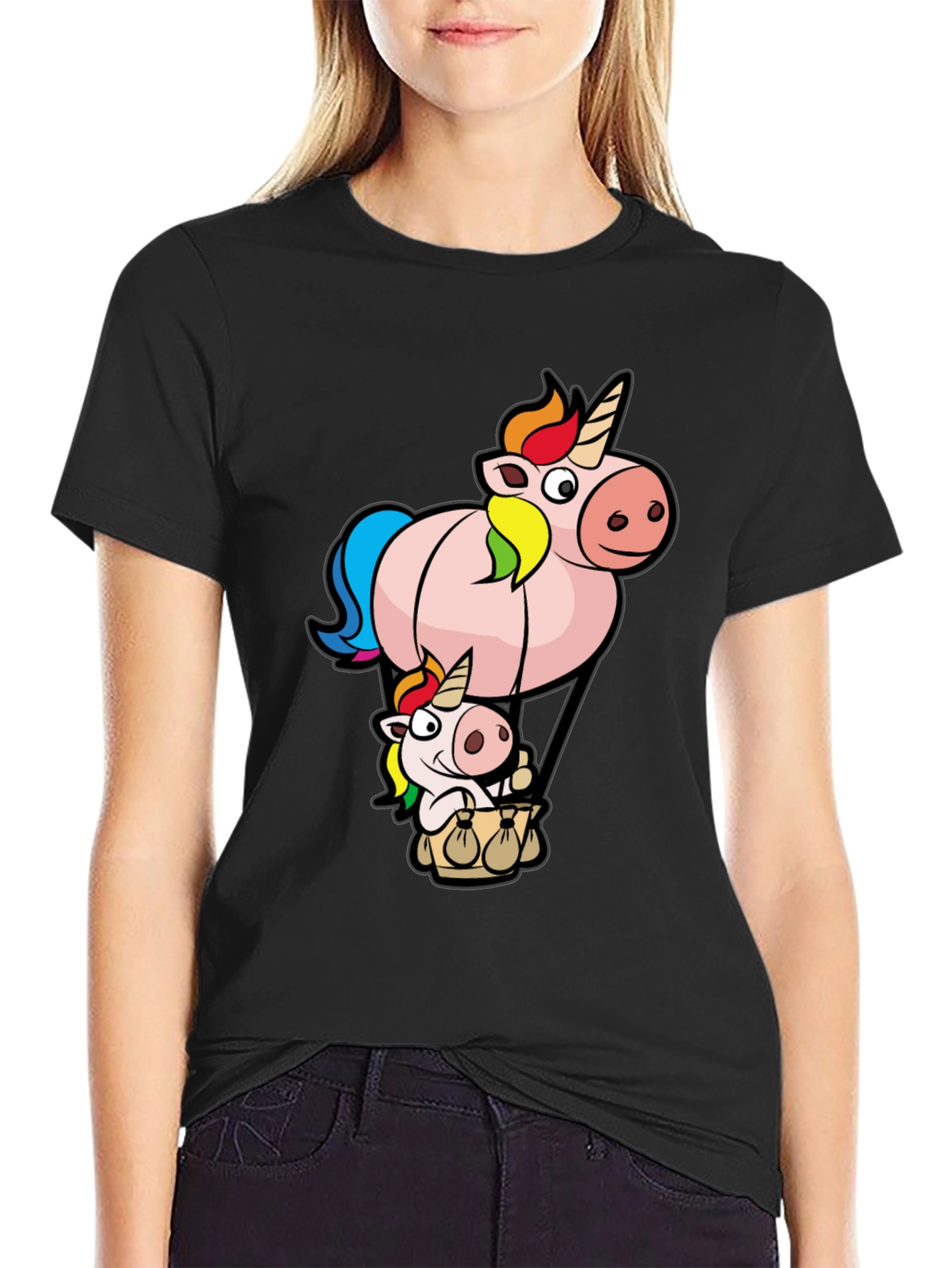 Black Unicorn Hot Air Balloon Graphic T-Shirt view 2