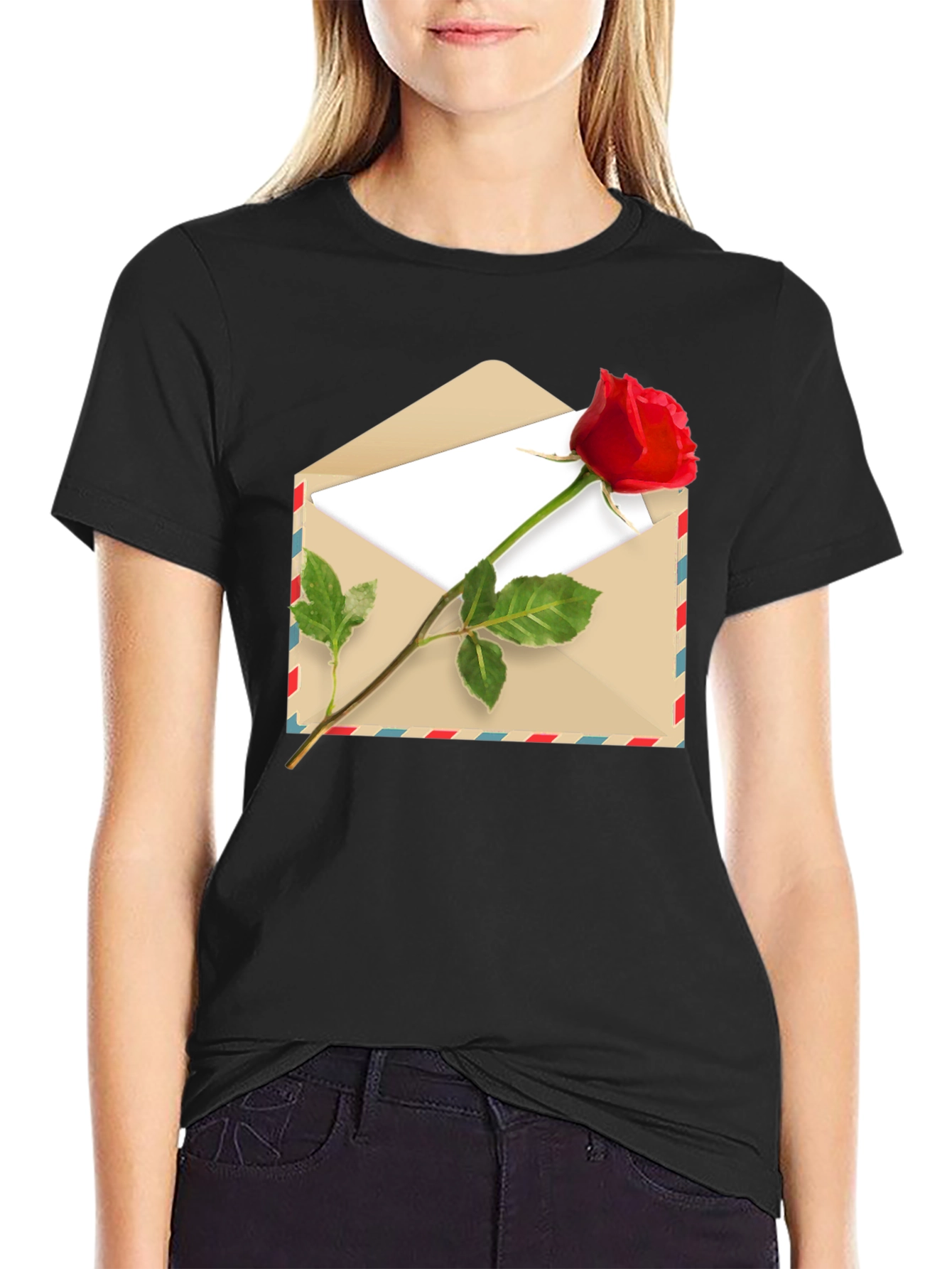 Black Romantic Rose Envelope Graphic Tee - Black view 2