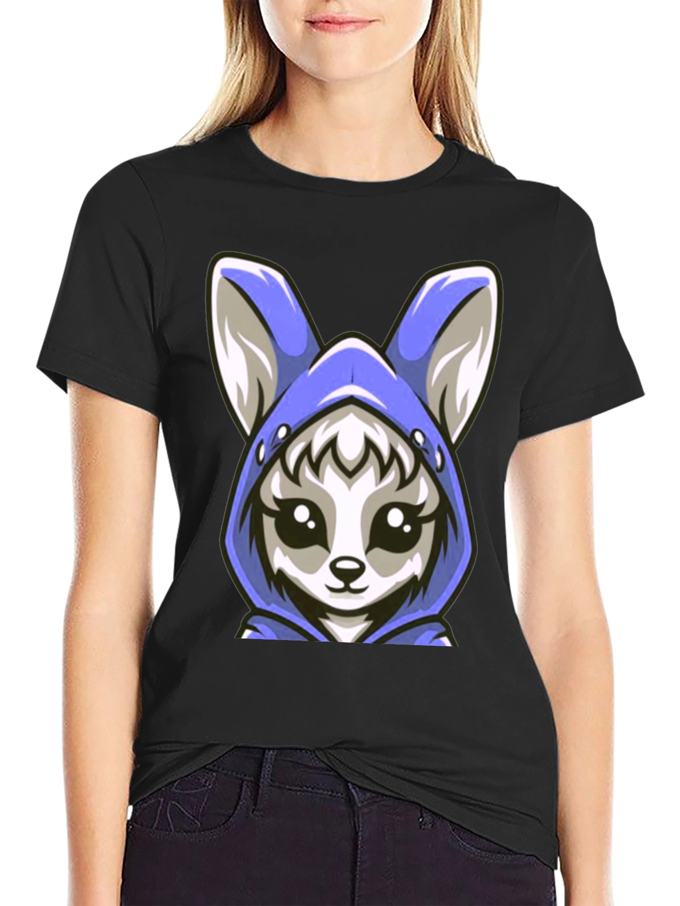 Black Cute Kawaii Fox Hoodie T-Shirt view 2