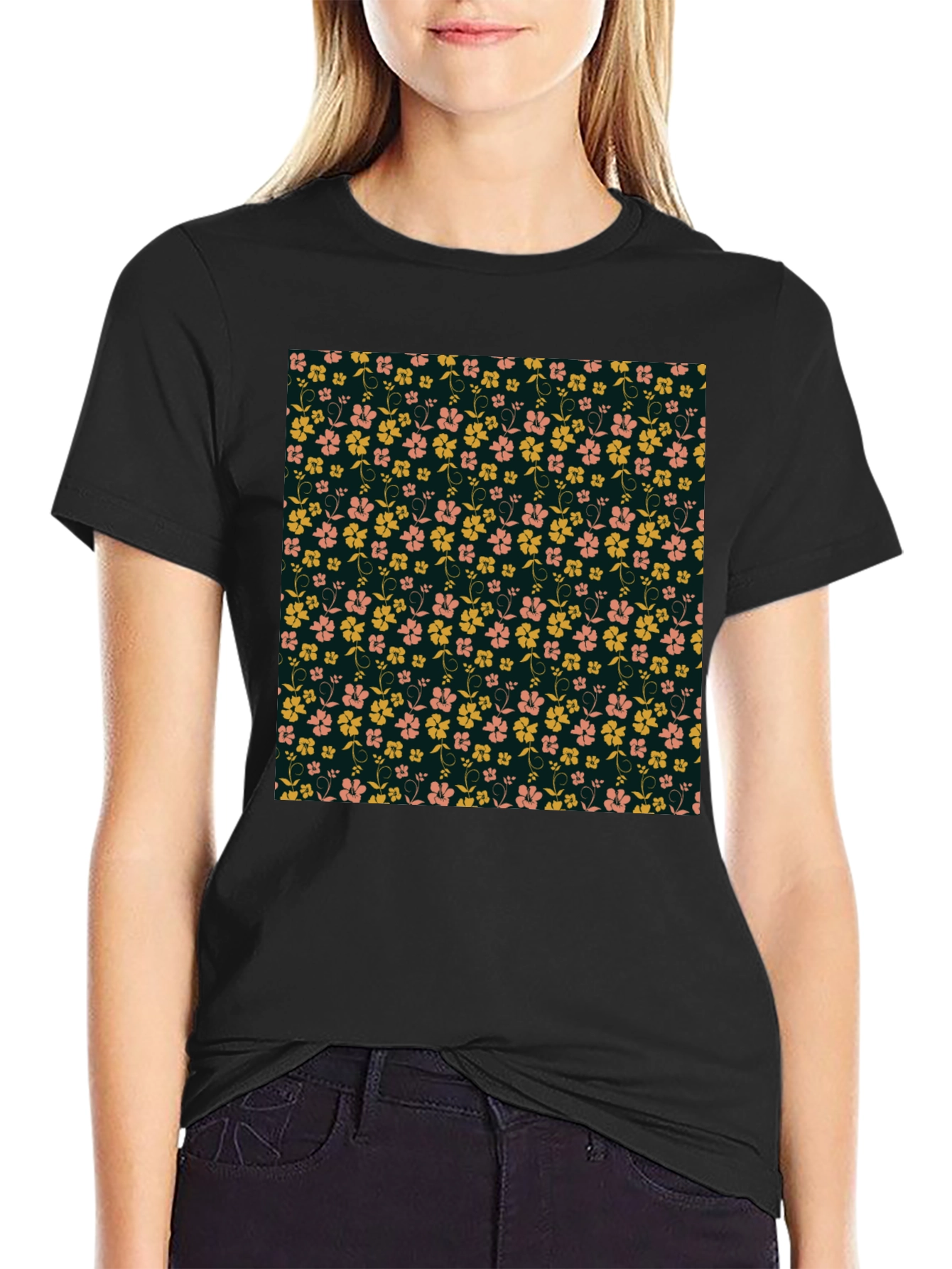 Black Floral Print T-Shirt - Stylish Casual Wear view 2